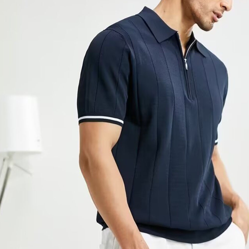 Breathable Men's Pure Color Short Sleeve Collared T Shirt Polyester Knit gallery