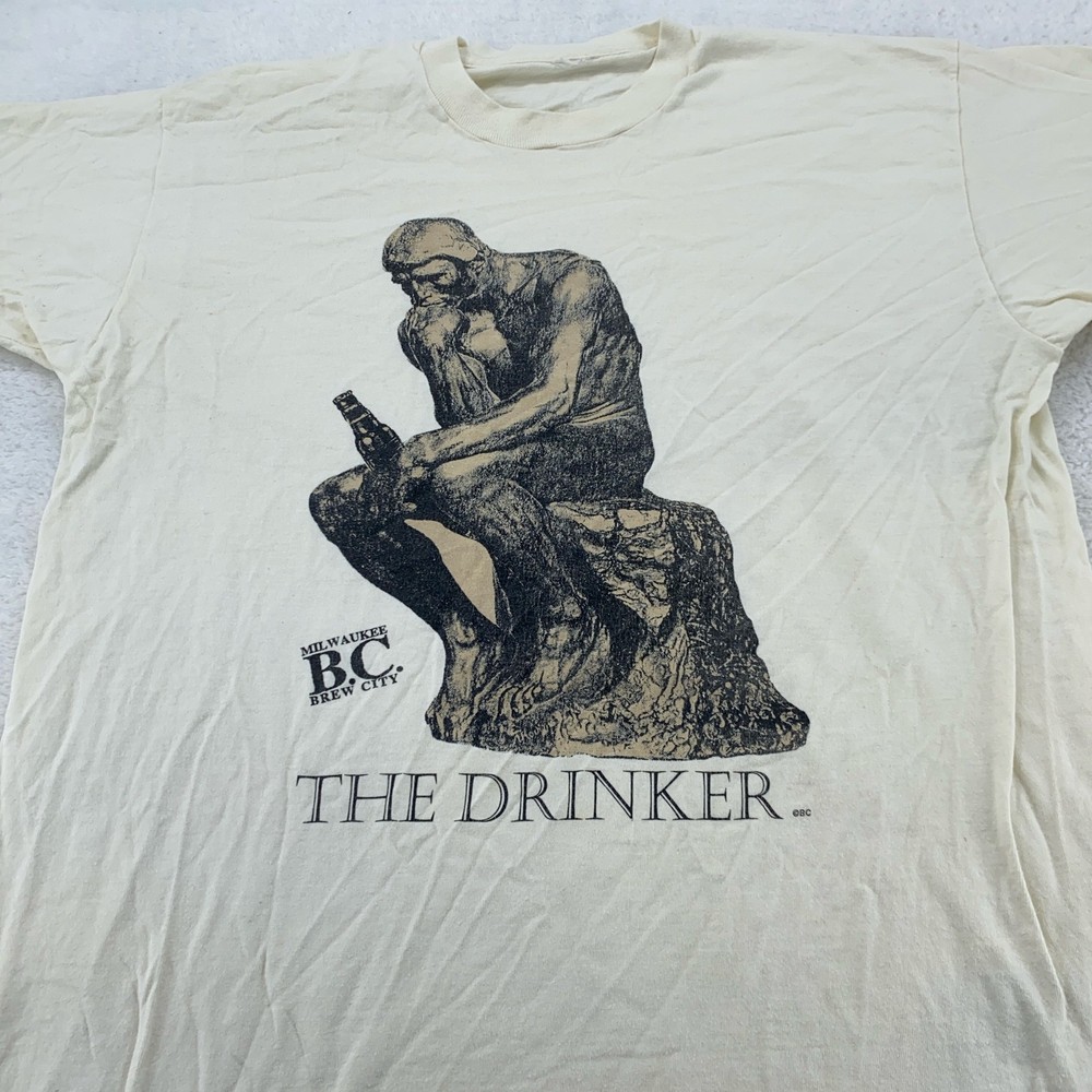 Vintage Milwaukee Brew City The Drinker Shirt Mens L/XL Funny Beer Thinker90s