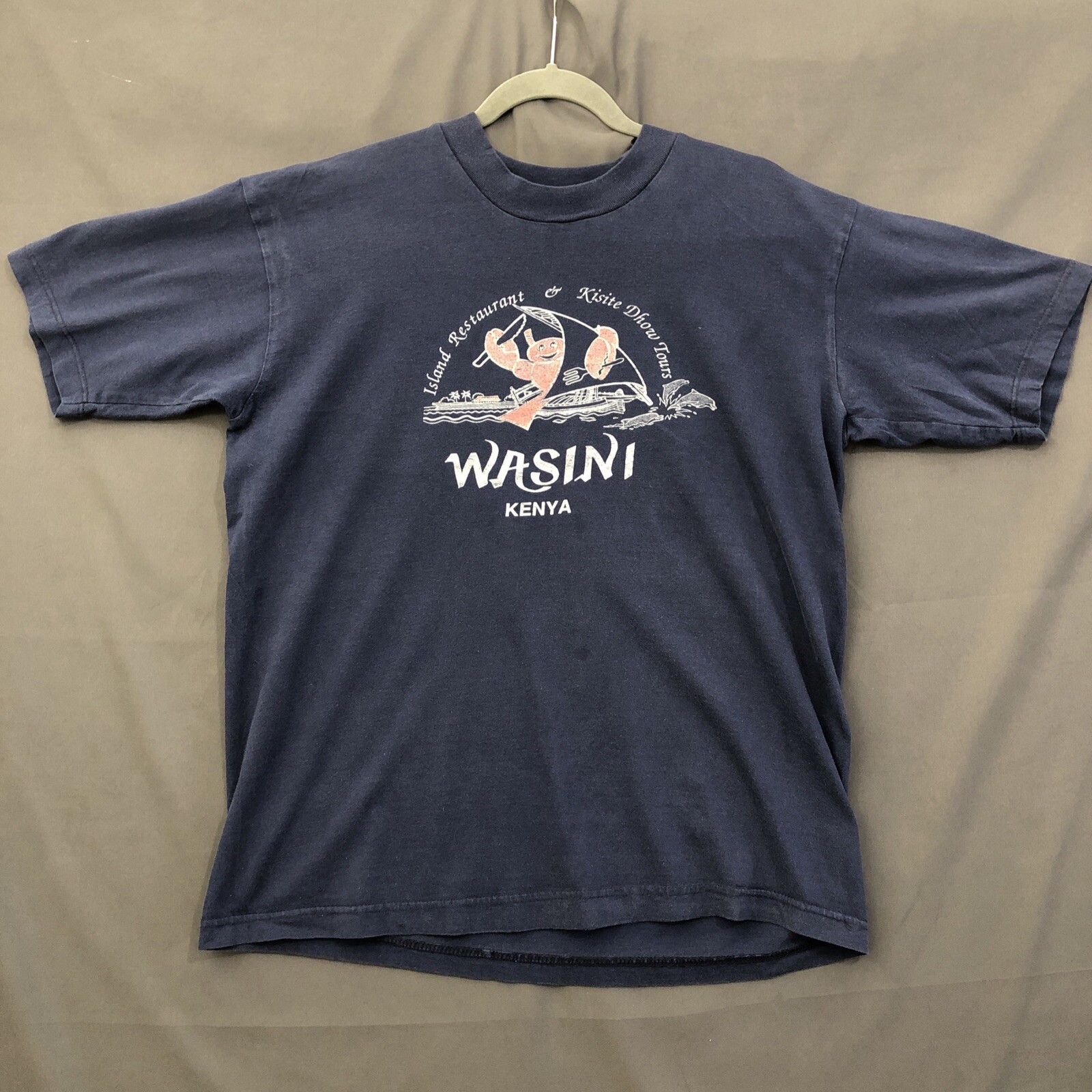 Kenya Africa T-Shirt Vintage Wasini Mens Medium Blue Texprint Short Sleeve Tee