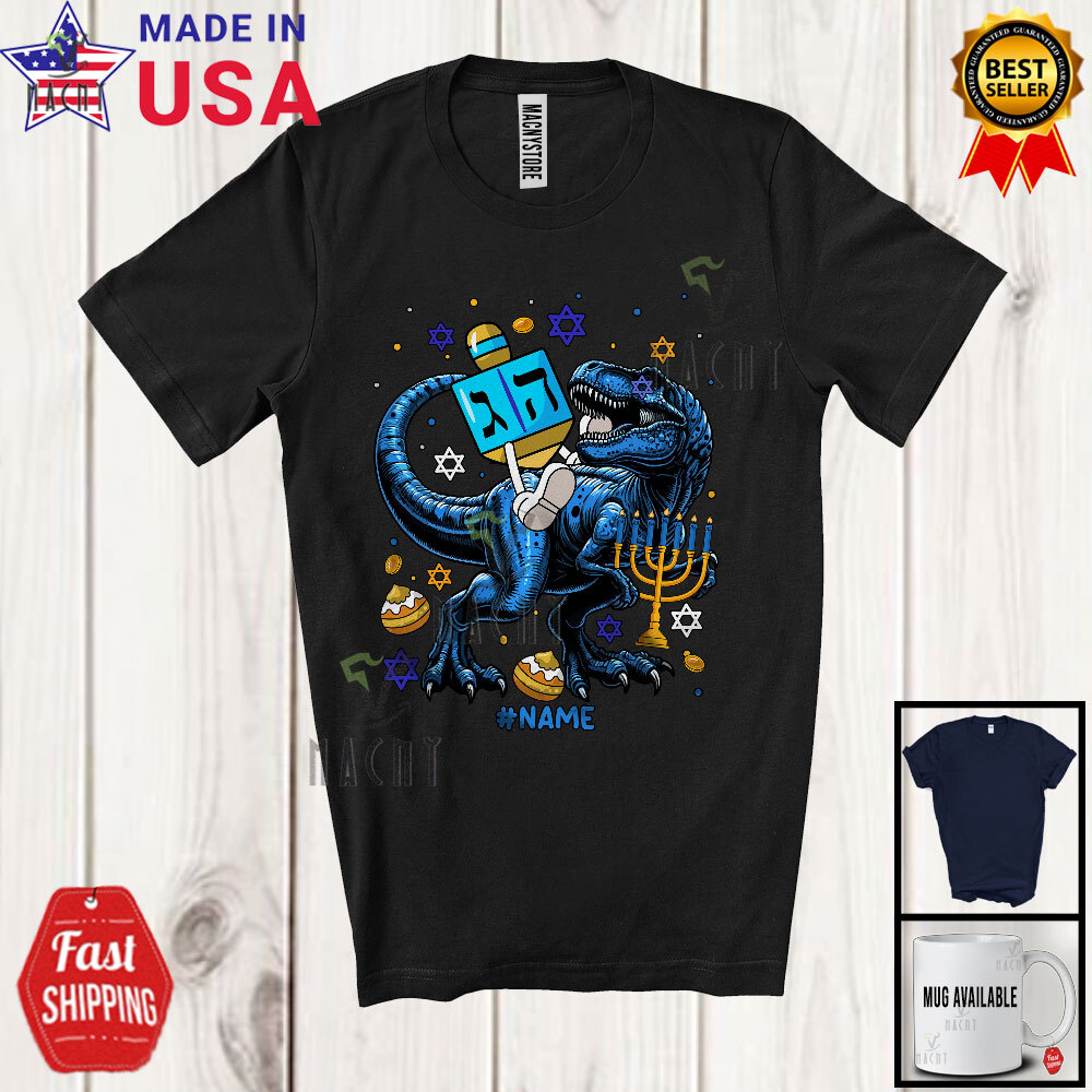 Dreidel Riding T-Rex; Awesome Hanukkah Menorah Custom Name Dinosaur Family Shirt gallery