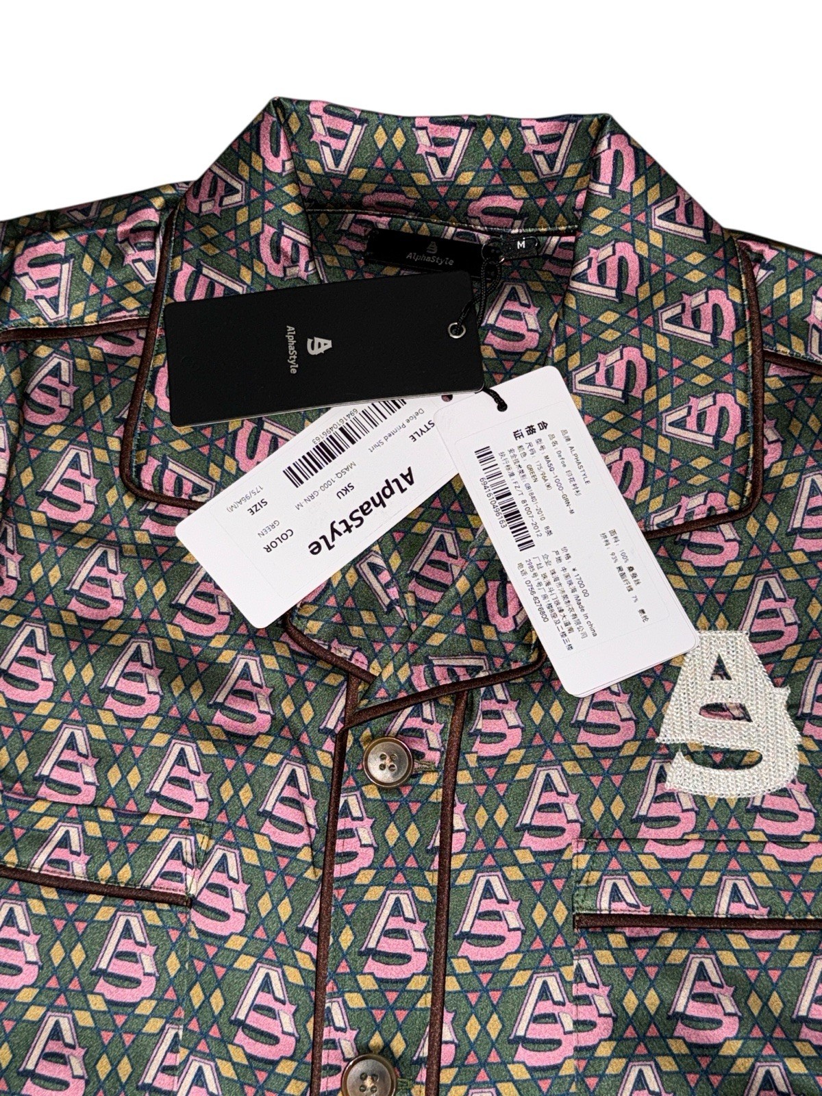 NWT AlphaStyle Luxe DEFOE Printed Silk Button Up Streetwear Shirt MSRP $250 Sz M gallery