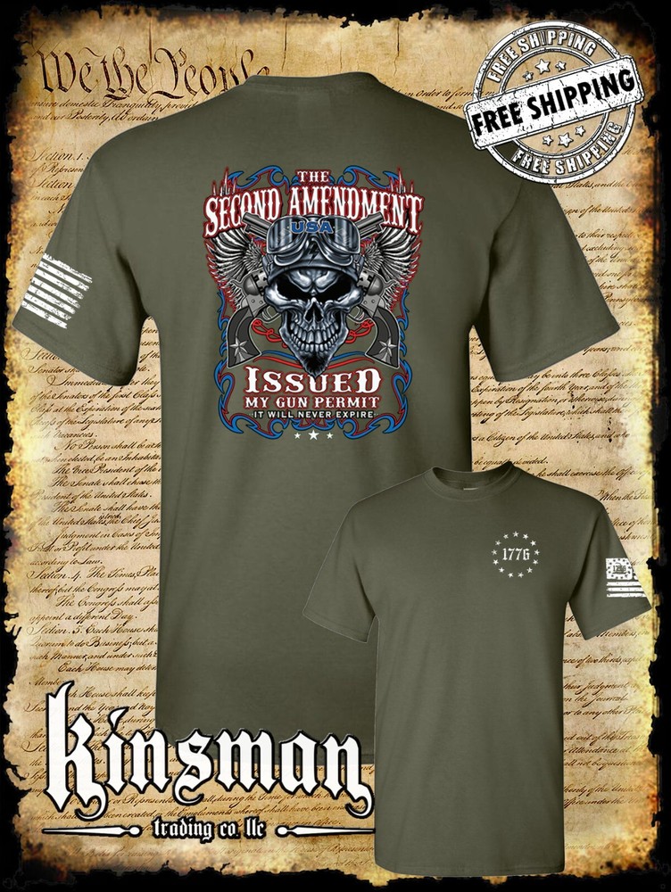 2nd Amendment Issued My Gun Permit 2-Sided T-Shirt Never Expires Skull Biker USA