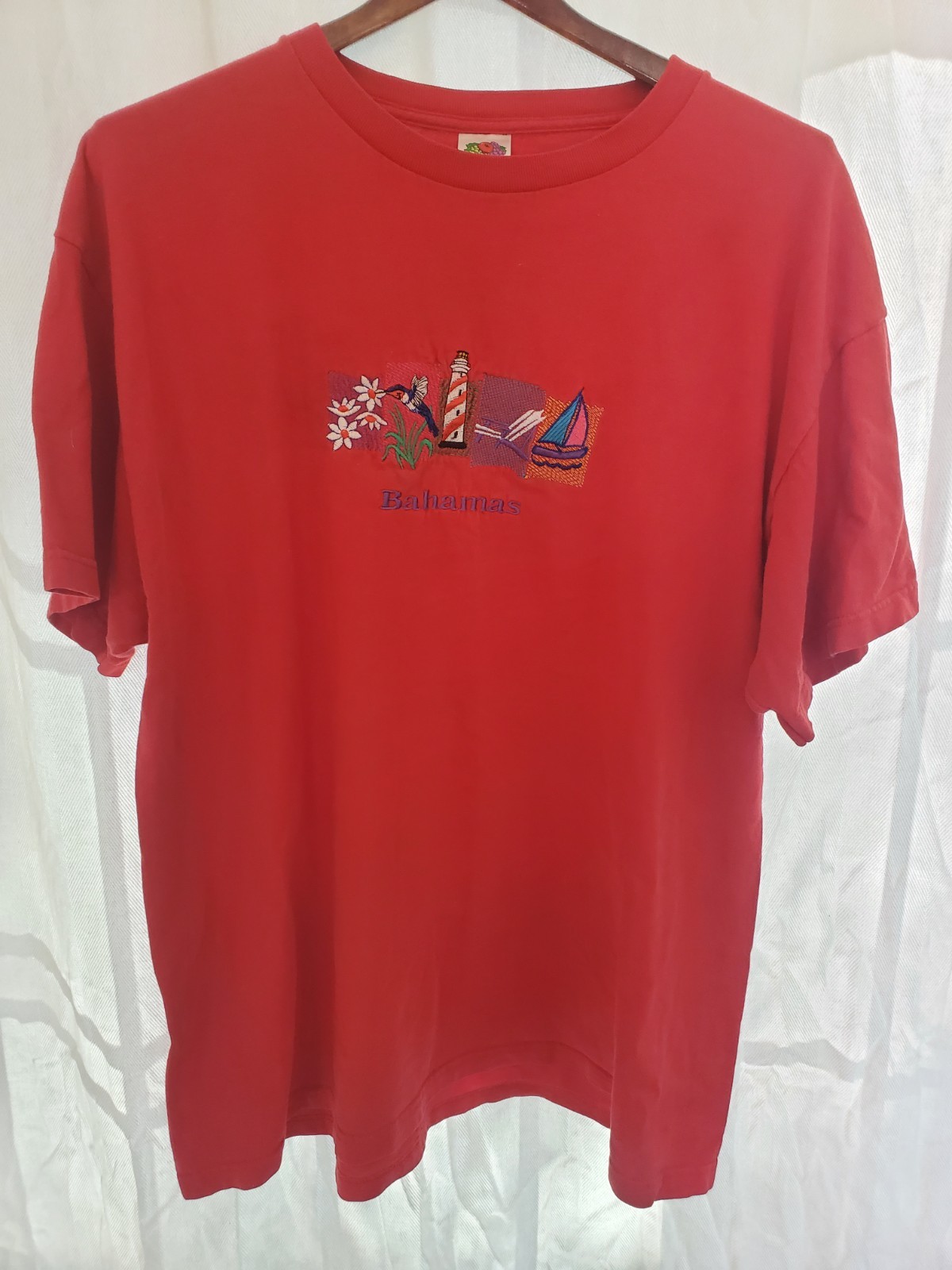 Bahamas Embroidered Graphic T Shirt XL Red Lighthouse Sailboat Vacation