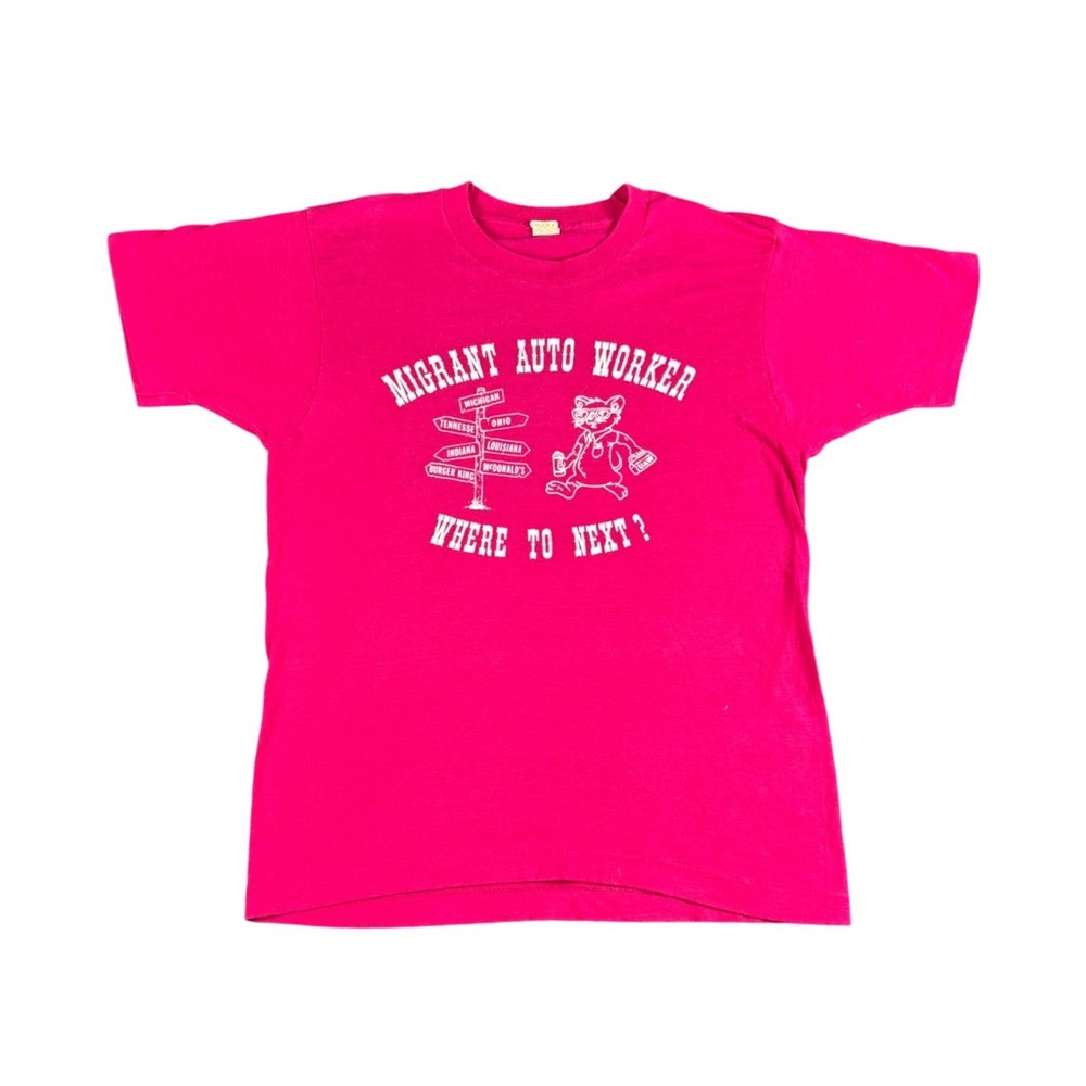 Migrant Auto Worker Graphic T Shirt Men’s Medium Pink UAW Burger King Travel