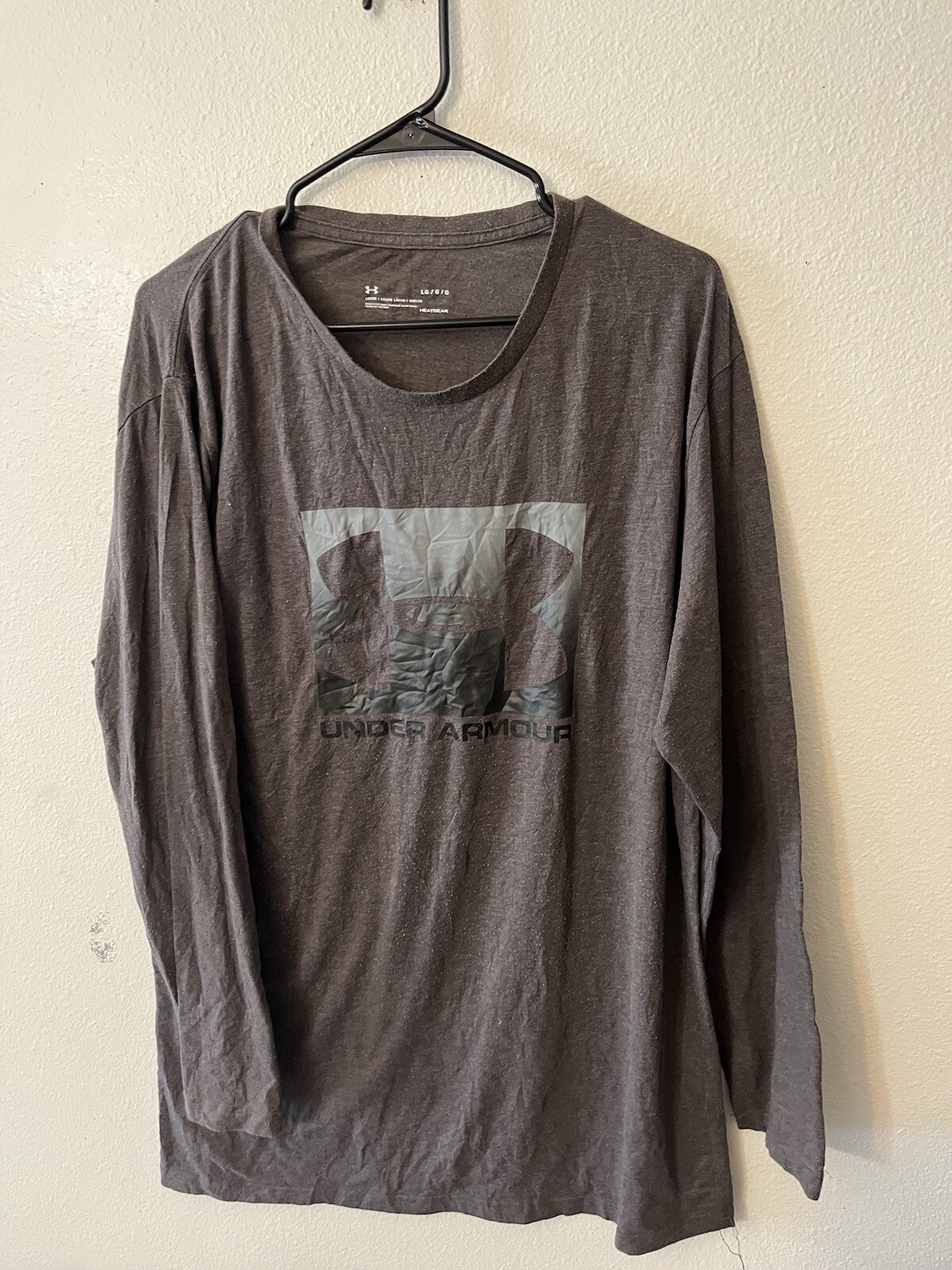 Under Armour Shirt Mens Large Loose Long Sleeve Logo Spell Out Gray Heat Gear