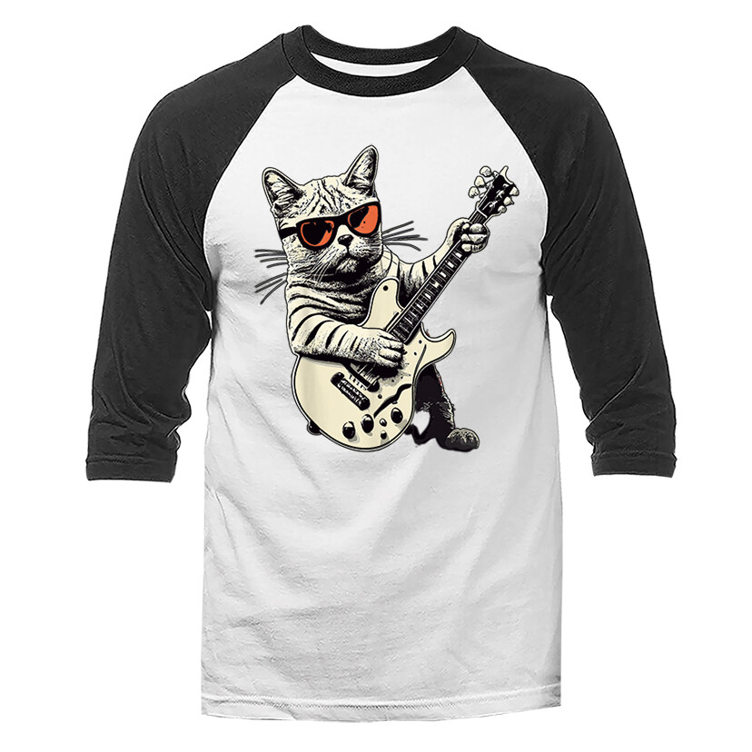 Cat Playing Guitar Rock Music Band Funny Animal Kitty 3/4 Sleeve Raglan