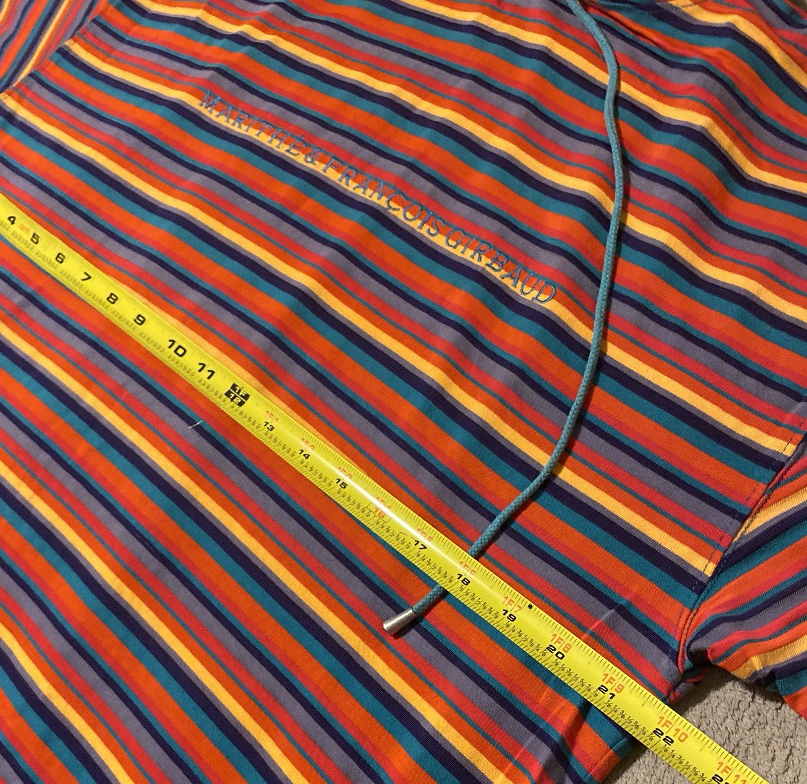 VTG 90's Marithe Francois Girbaud Mens Colorful Stripped Hooded T-Shirt Size M gallery