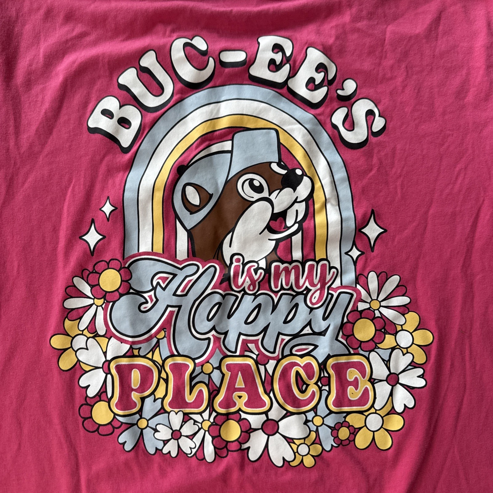 Buc-ees Bucee’s is My Happy Place Double Side PINK T-Shirt Medium FLAW *READ*