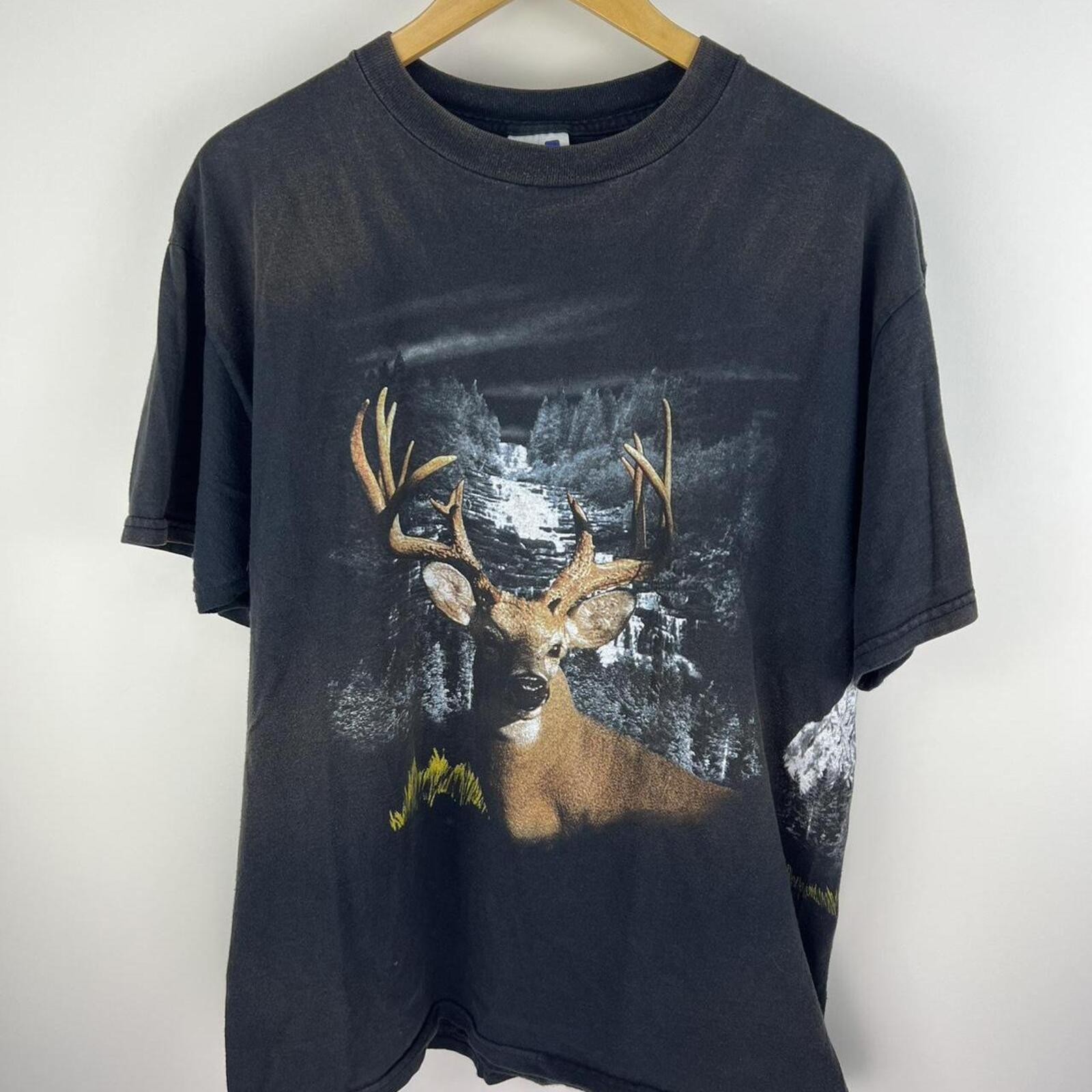 Vintage 1990s black deer faded graphic nature scene tee Size L gallery