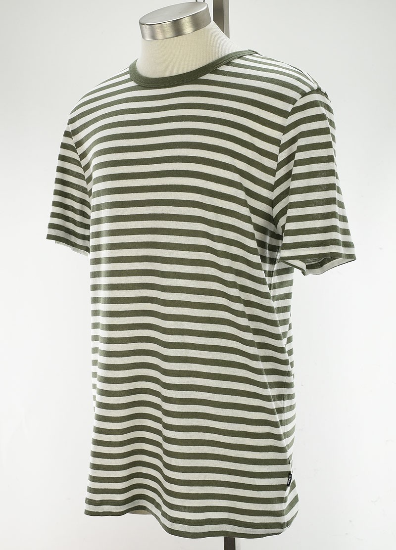 HUGO BOSS Green White Striped TIBURT Cotton Linen Crew Neck T Shirt LARGE NWT gallery