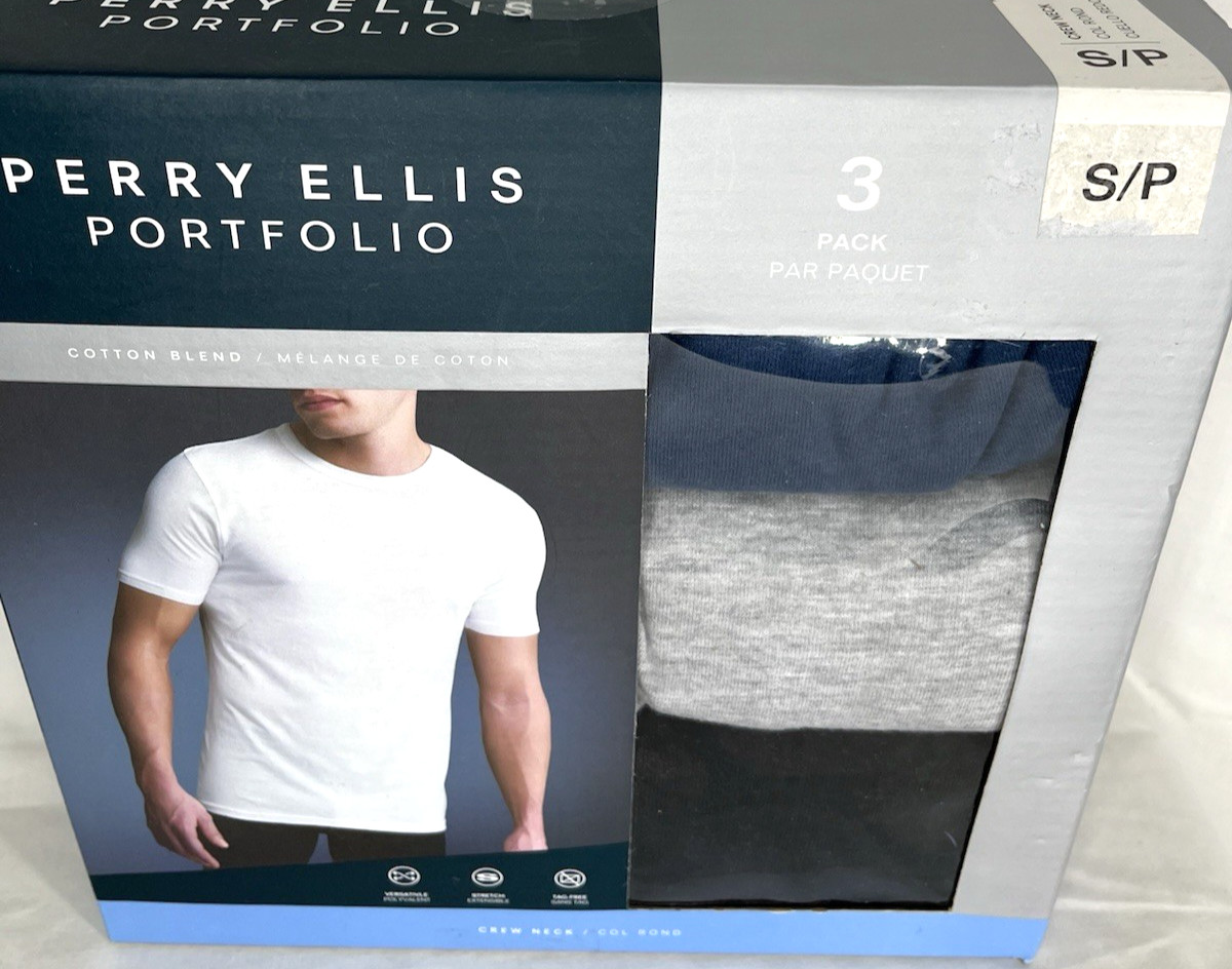 PERRY ELLIS Men's Crew Neck Tees SZ Small 3-Pk Cotton Blend Stretch Grey Black gallery