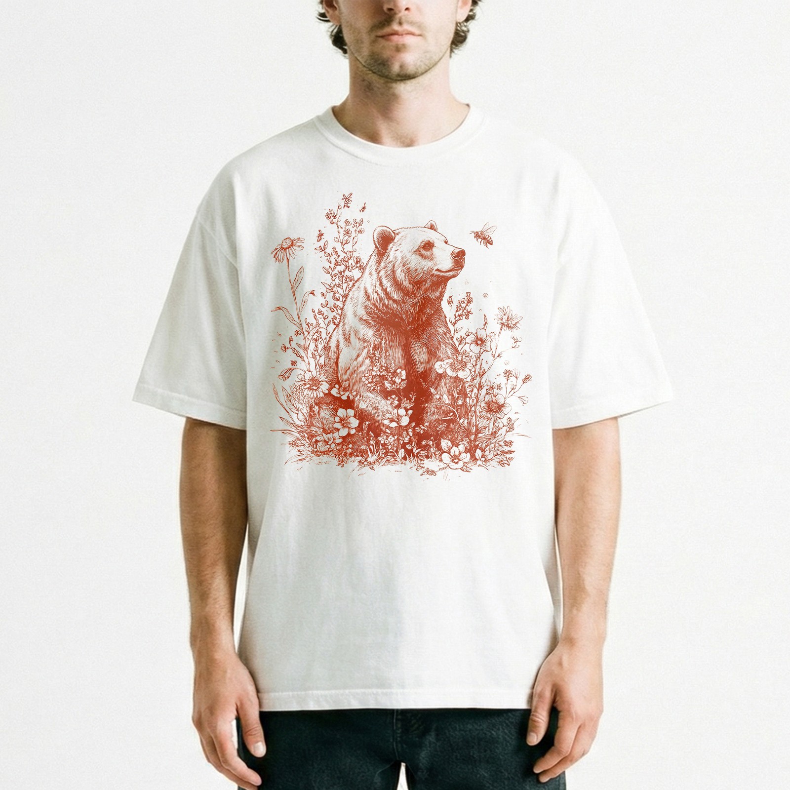 Vintage Grizzly Bear Flowers Nature Wildlife T-Shirt Outdoor Forest Animal Tee