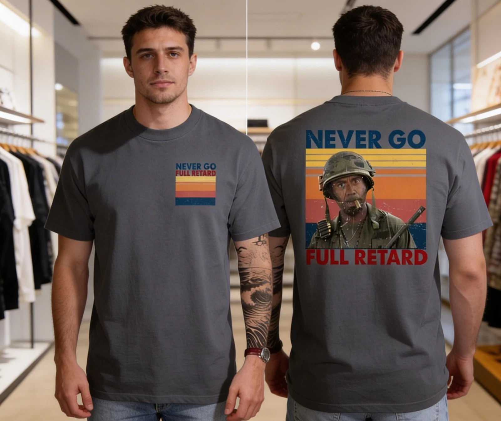 2025 Tropic Thunder Meme T-Shirt Never Go Full Retro Tee Size S-5XL HM1674 gallery