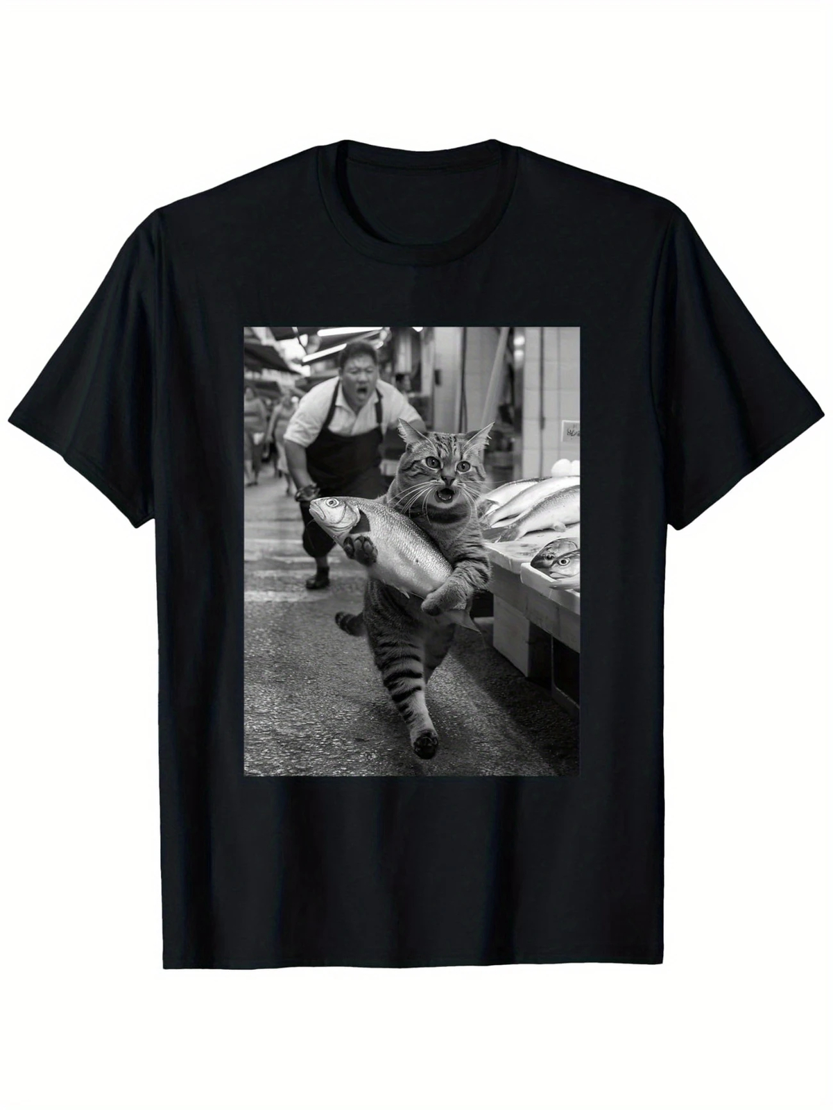 Funny Cat Steals Fish Market Black & White Meme T-Shirt | Unisex | 100% Cotton gallery