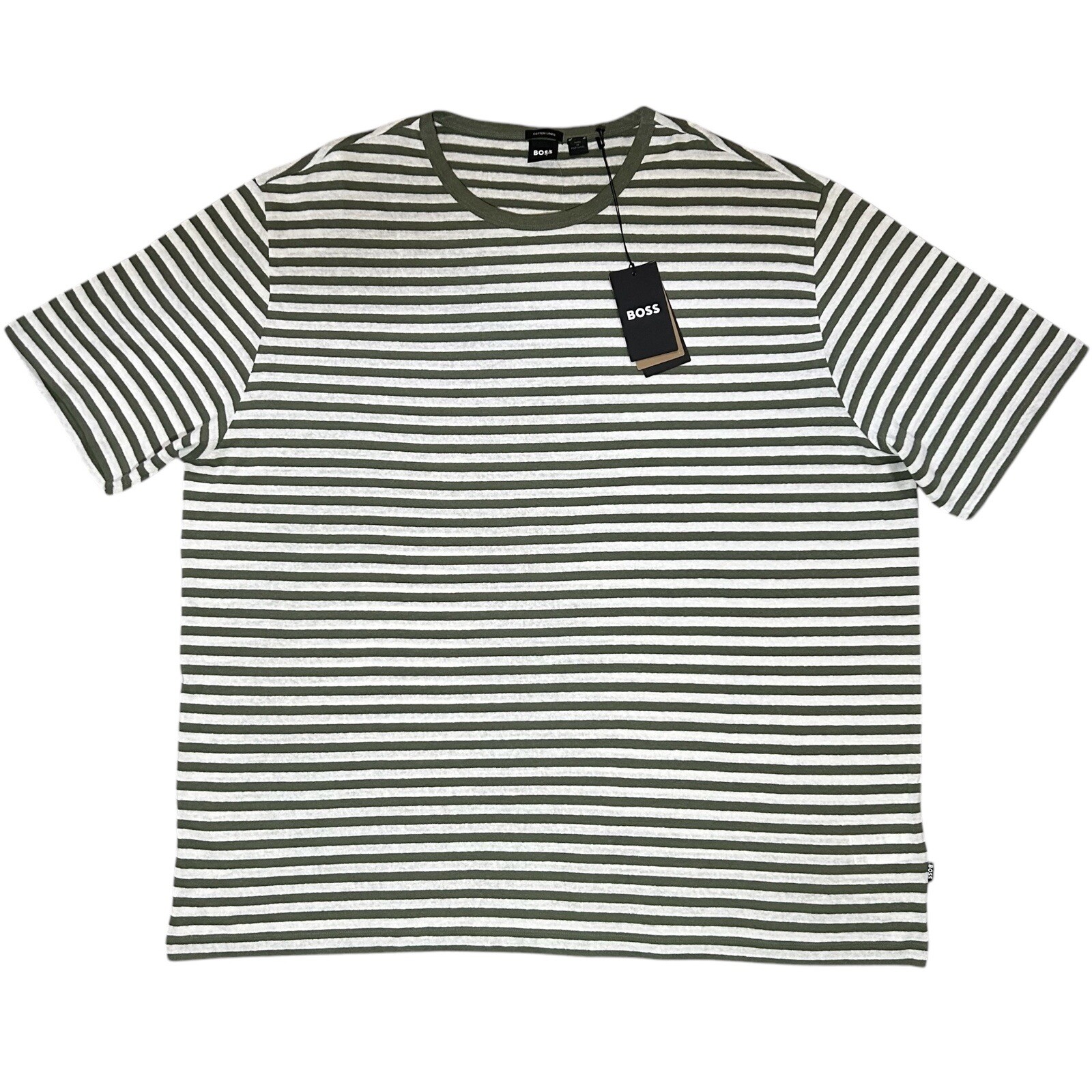 Hugo BOSS Tiburt Linen Cotton Shirt SIZE 4XL Green Stripe Crew Neck Short Sleeve