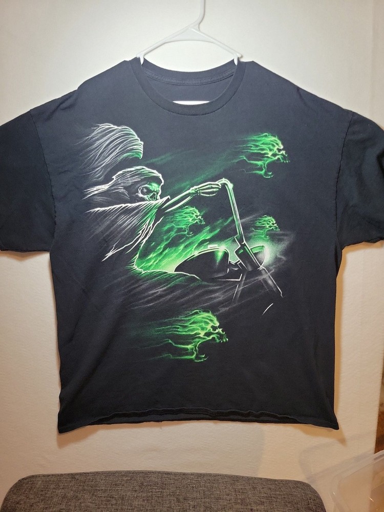 Vintage Y2K Grim Reaper Biker Motorcycle Graphic T-Shirt with Green Flames