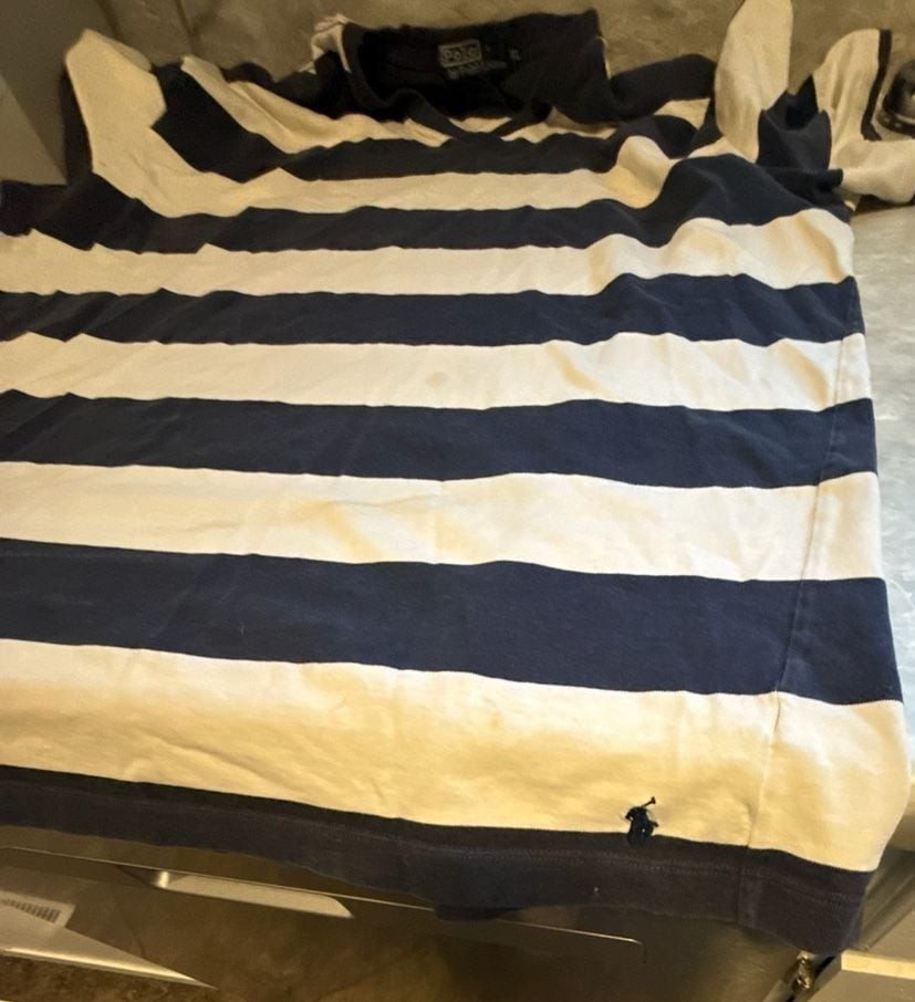Polo Ralph Lauren Navy Blue & White Striped T-Shirt Size XL Bottom Hem Logo gallery