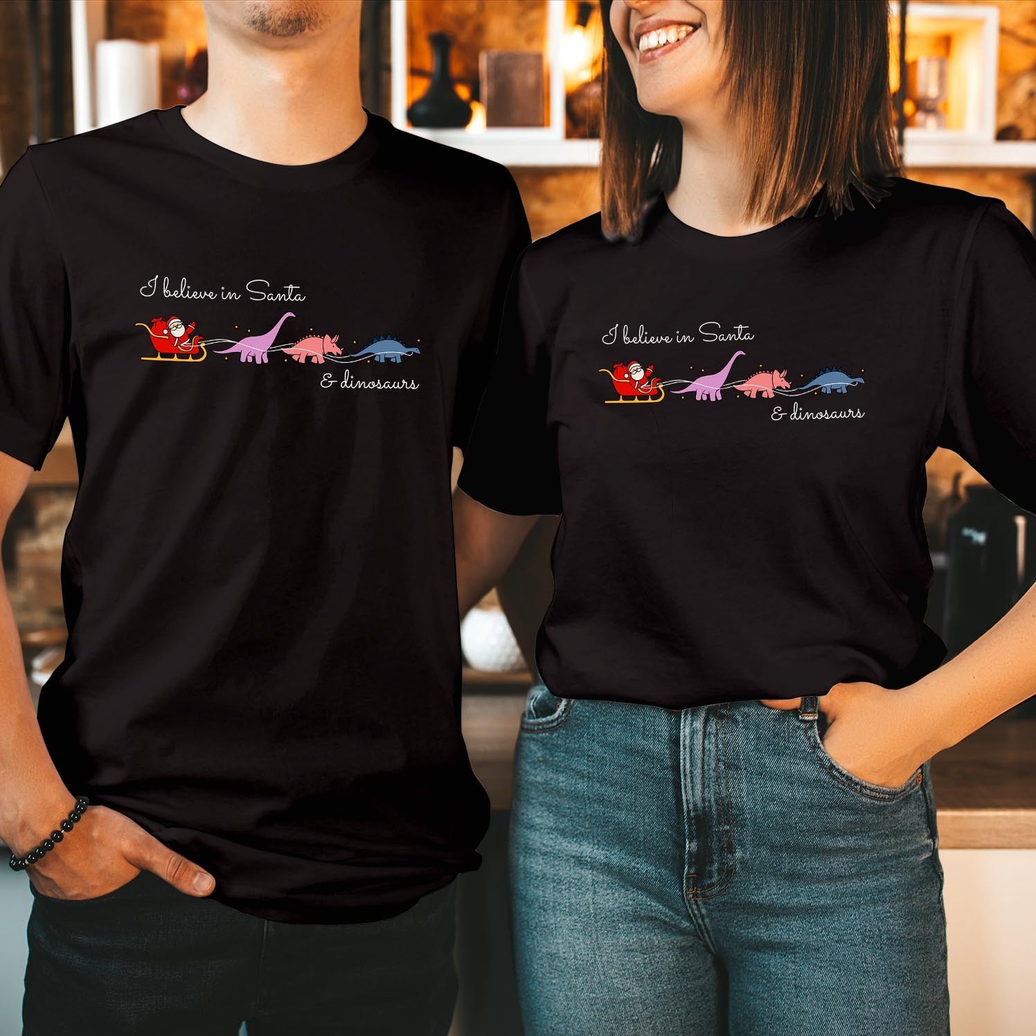 Santa Dinosaur Christmas T-shirt Couples Matching Holiday Funny Sleigh T-5027