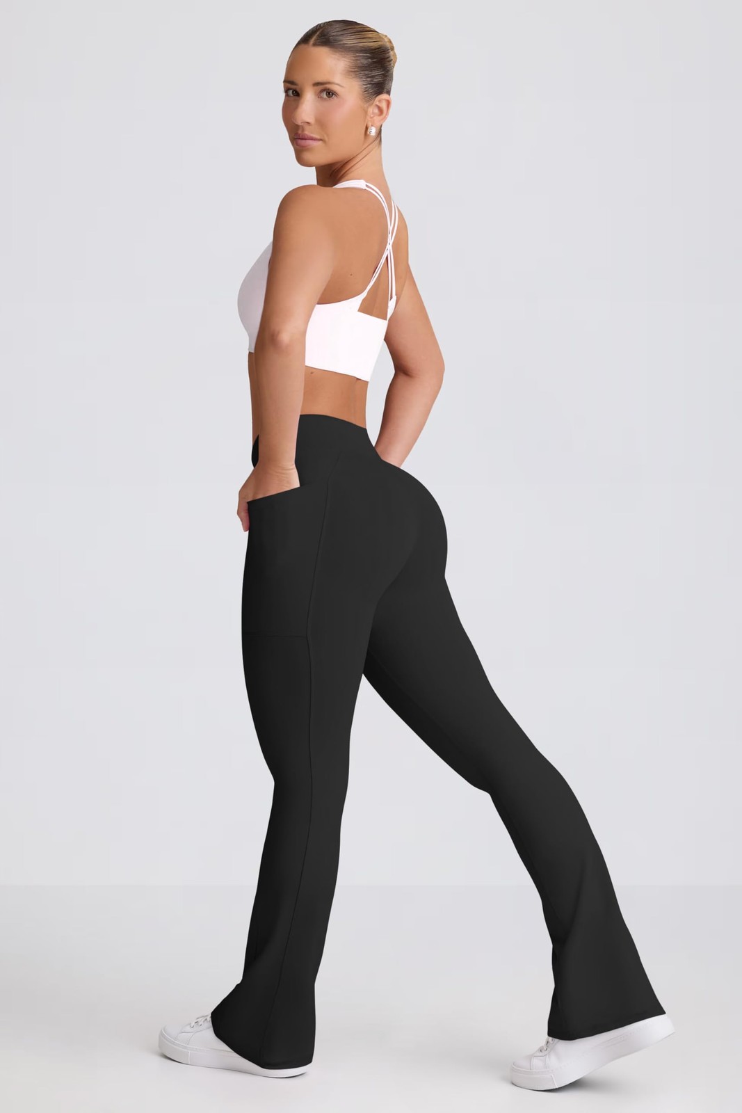 Women Pants Soft Active High Waist Crossover Flared Trousers with Pockets Black gallery