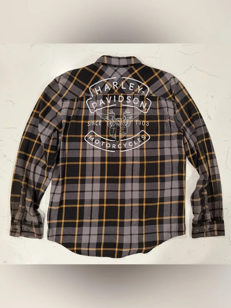 Harley-Davidson Black, Gray & Mustard Plaid Flannel Shirt Jacket