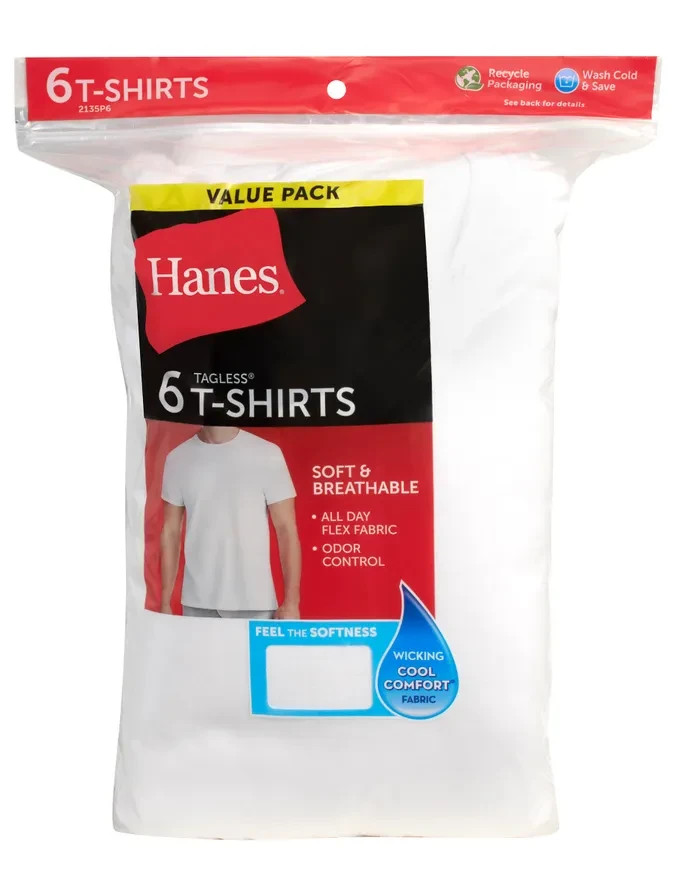 Hanes 2135P6 Mens White Crew Neck Undershirts Tagless Small 6 Pack