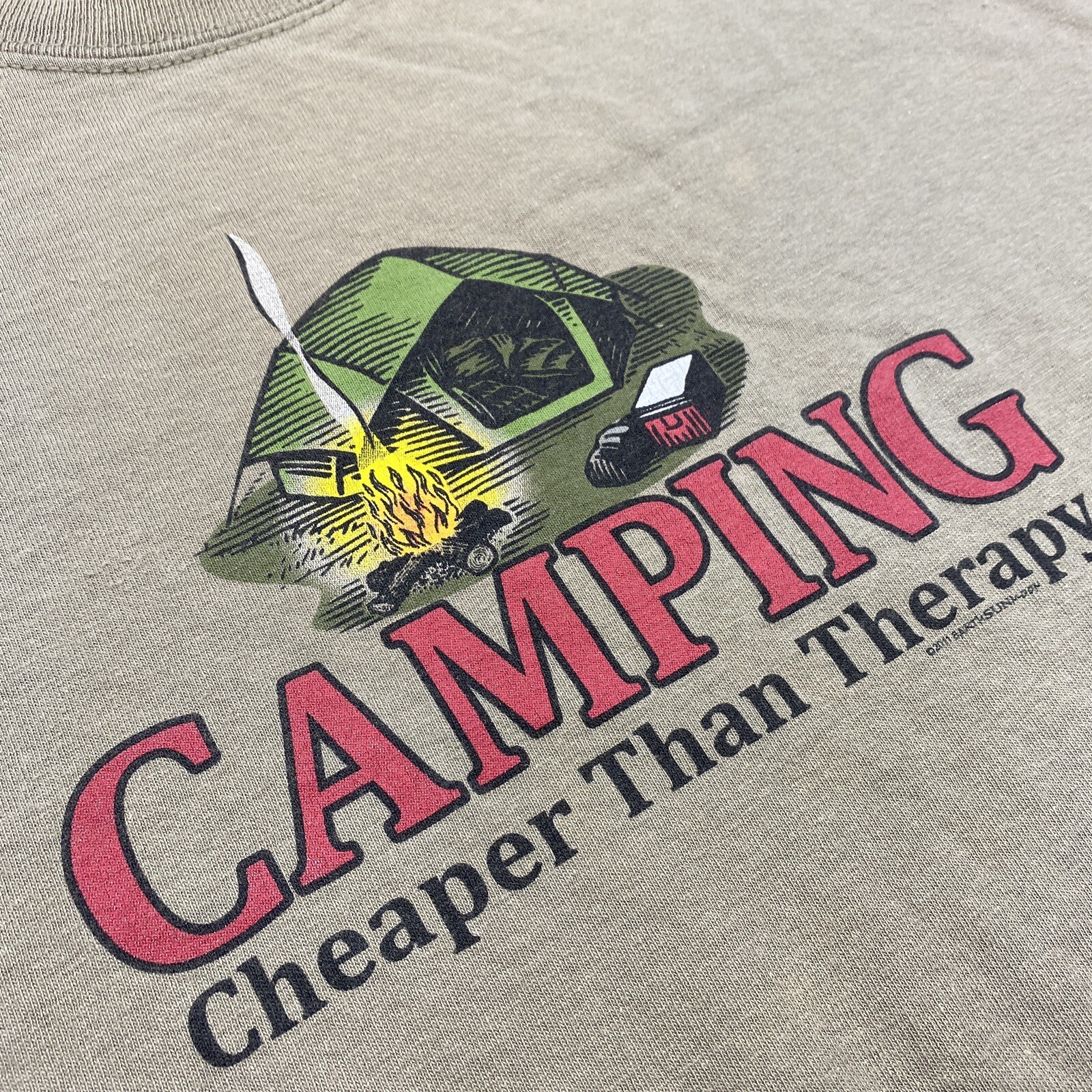 Camping Cheaper Than Therapy T Shirt Adult Medium Beige Worn Faded Short Sleeve gallery
