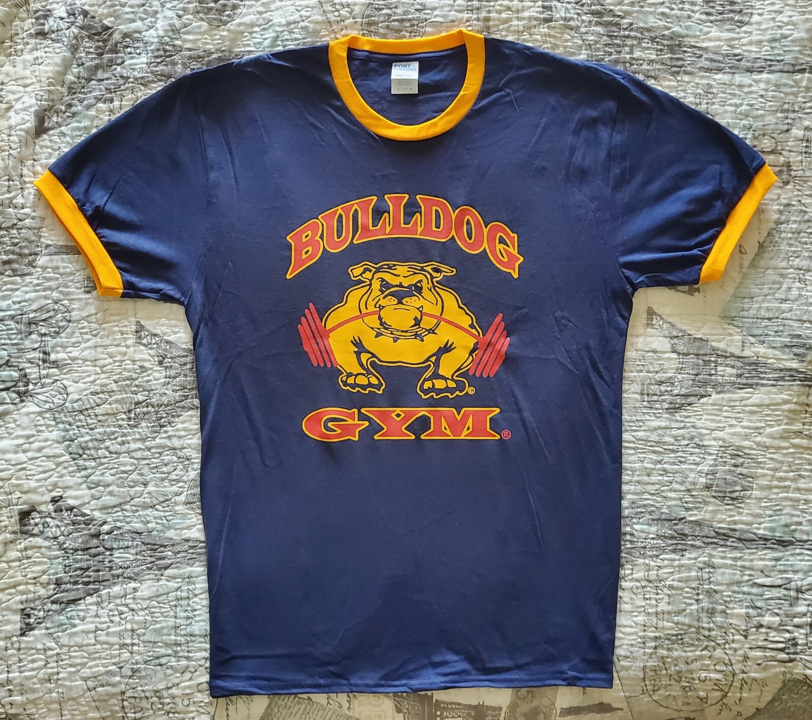 Bulldog Gym Old School Bodybuilding Workout Muscle Navy / Gold Ringer T-Shirt gallery