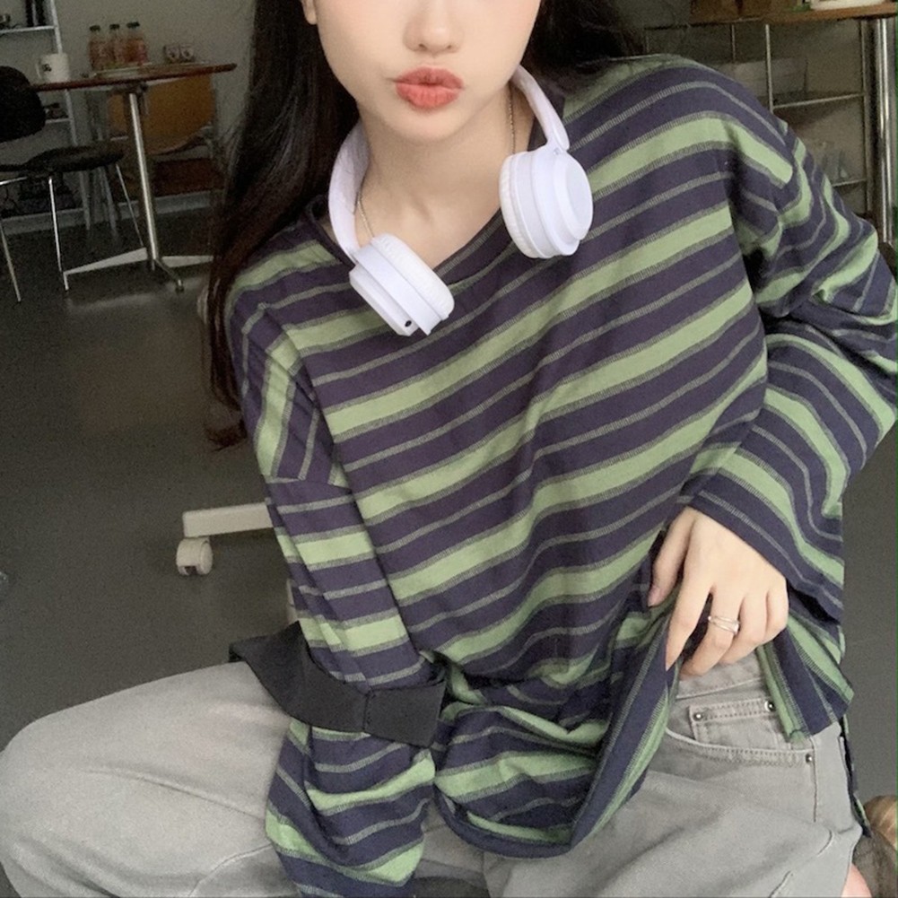 Korean Fashion Women's Loose Striped Blouse Long Sleeve Crew Neck Streetwear gallery
