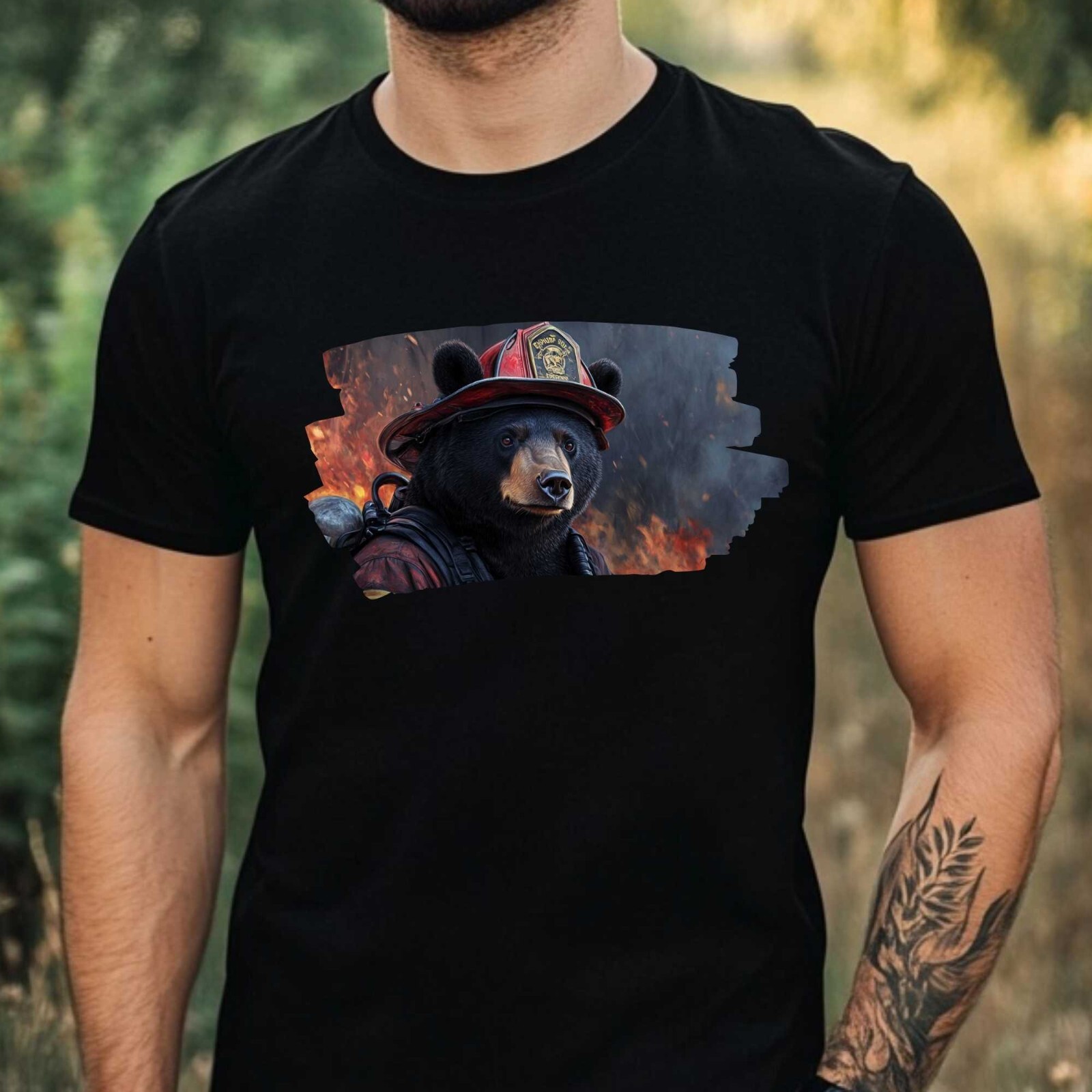 Mens Black Bear Firefighter Print Cotton T-Shirt Size XS to 5XL