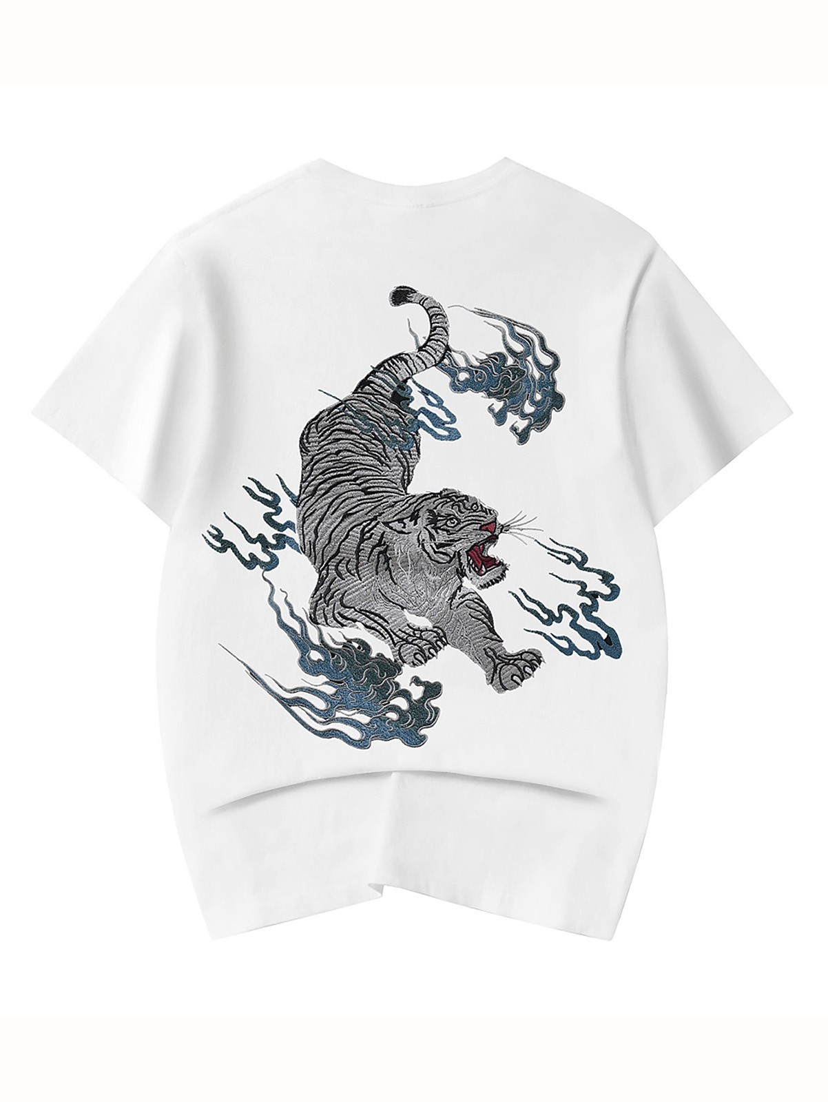 Niepce Men's White Tiger with Blue Flames Embroidery Japanese Streetwear Tee gallery