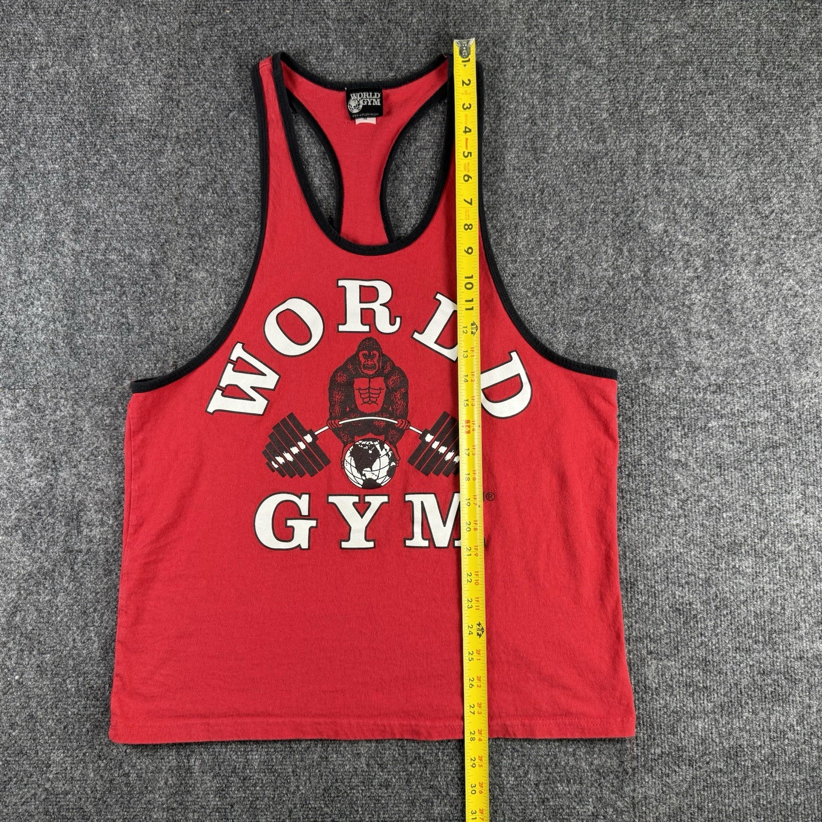 VINTAGE World Gym Shirt Mens Medium Red Tank Top Stringer Lifting Workout 90s gallery