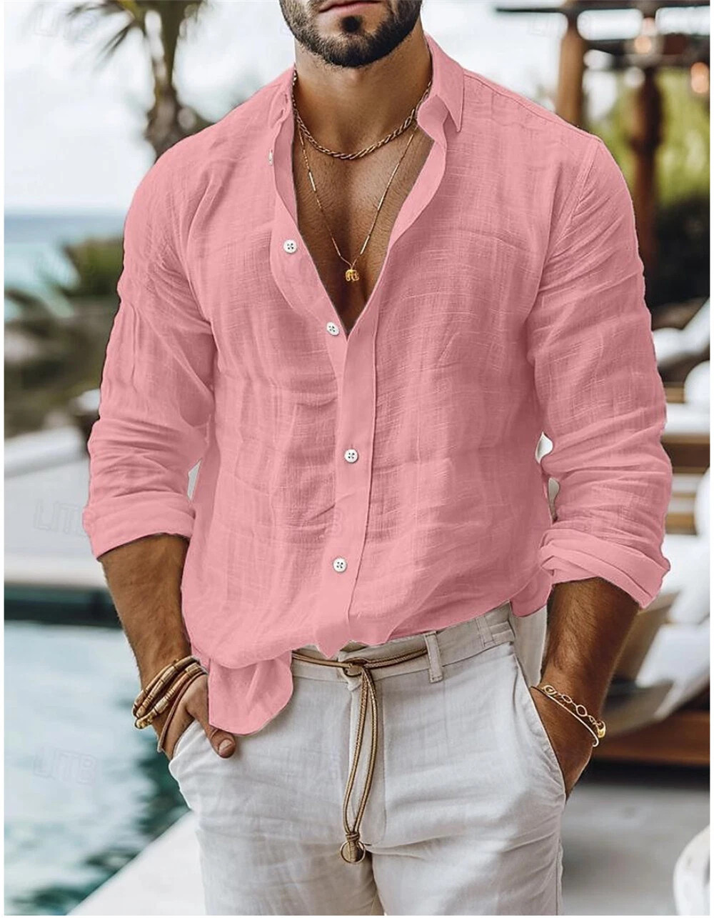 Men's Linen Shirt Casual Shirts Long Sleeve Button Down Tops Blouse gallery