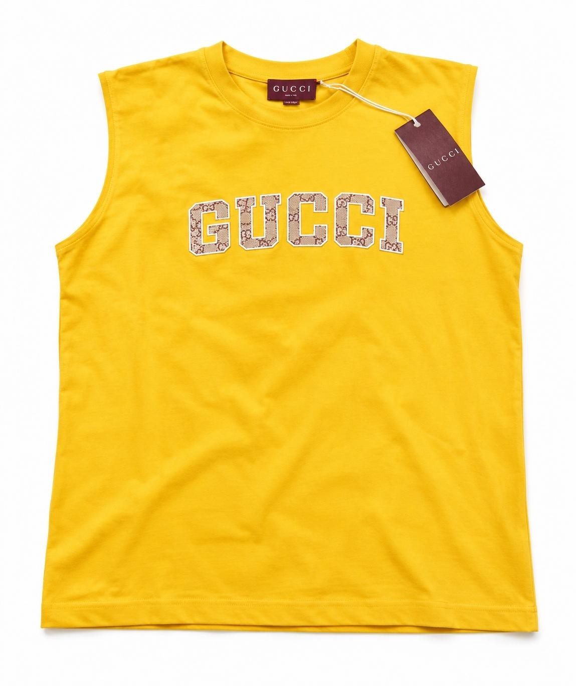 Gucci Men’s Yellow Sleeveless Crew Neck Cotton Knit Logo Graphic T-Shirt