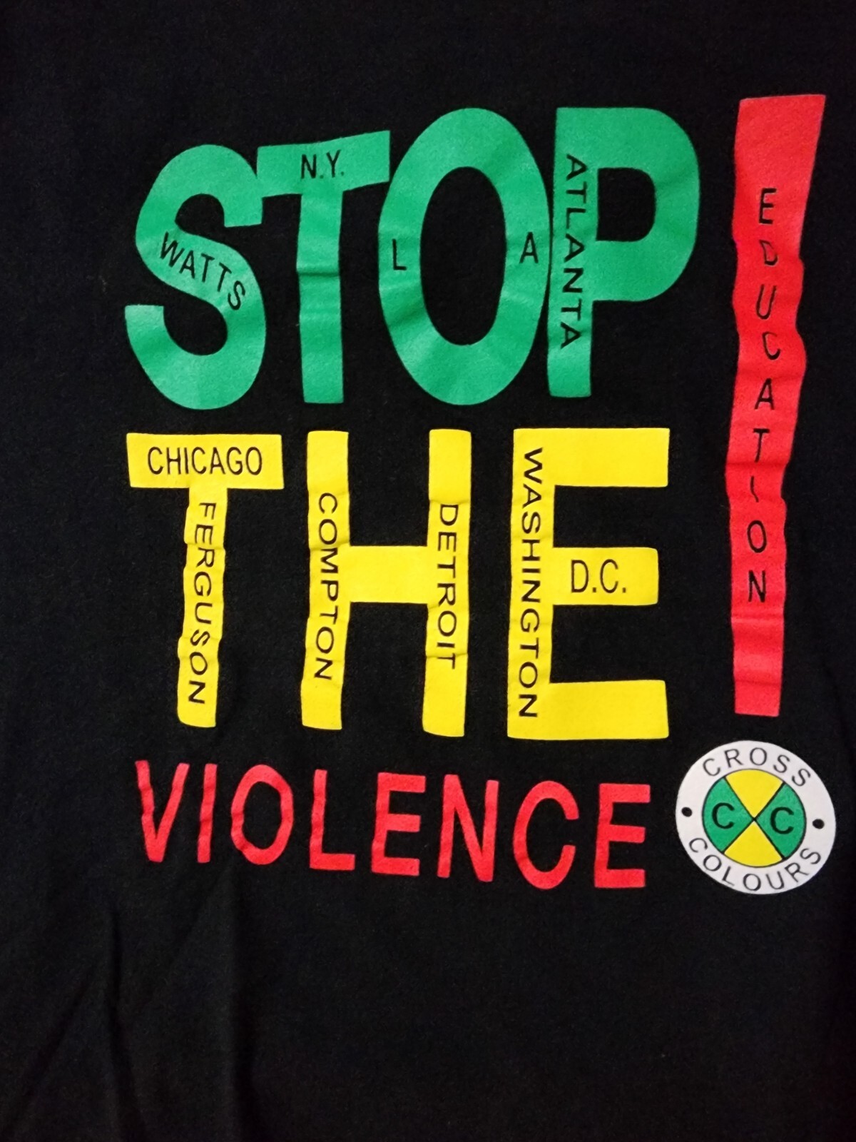 Vtg 90s Cross Colours Hip Hop Rap T-Shirt Large PEACE Stop the Violence RARE gallery