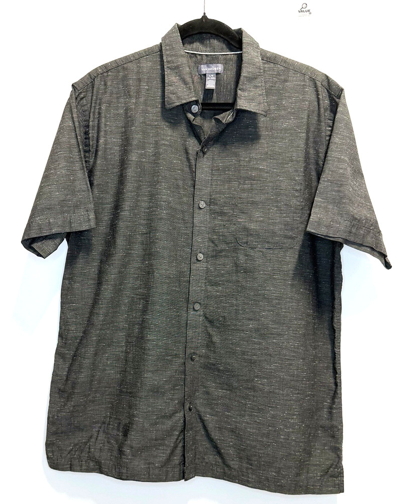 Van Heusen Men’s Gray Short Sleeve Button Up Shirt L 16-16.5 Casual Pocket