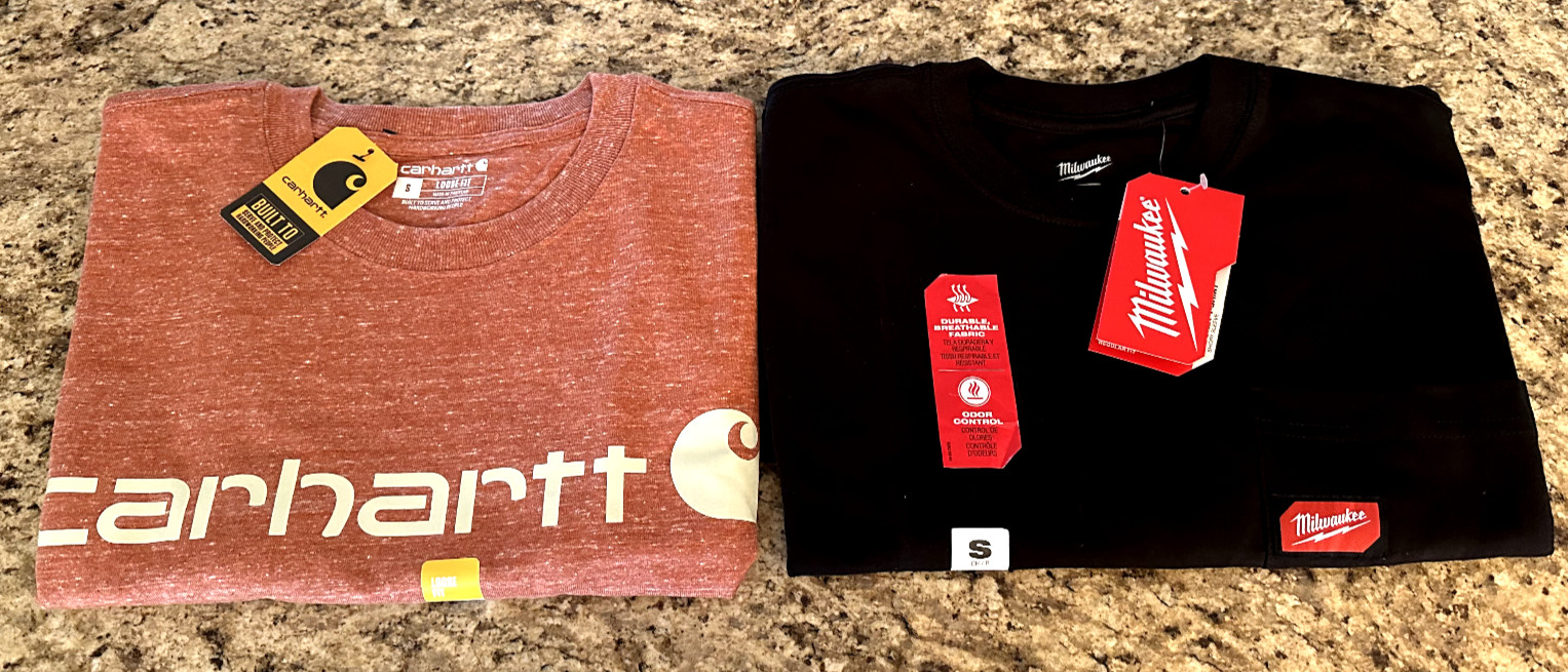 Lot (2) Carhartt & MILWAUKEE Tools Crew Neck T Shirt Heavy Duty S/S POCKET Small gallery