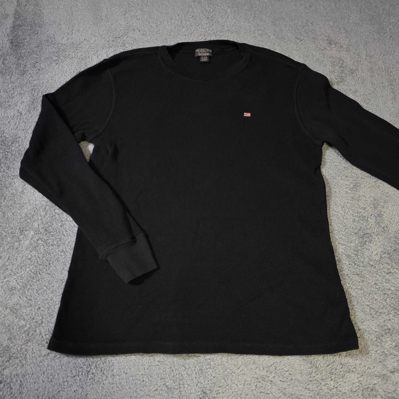 Polo Jeans Co Ralph Lauren Mens XL Thermal Shirt Black Waffle Knit Flag Logo