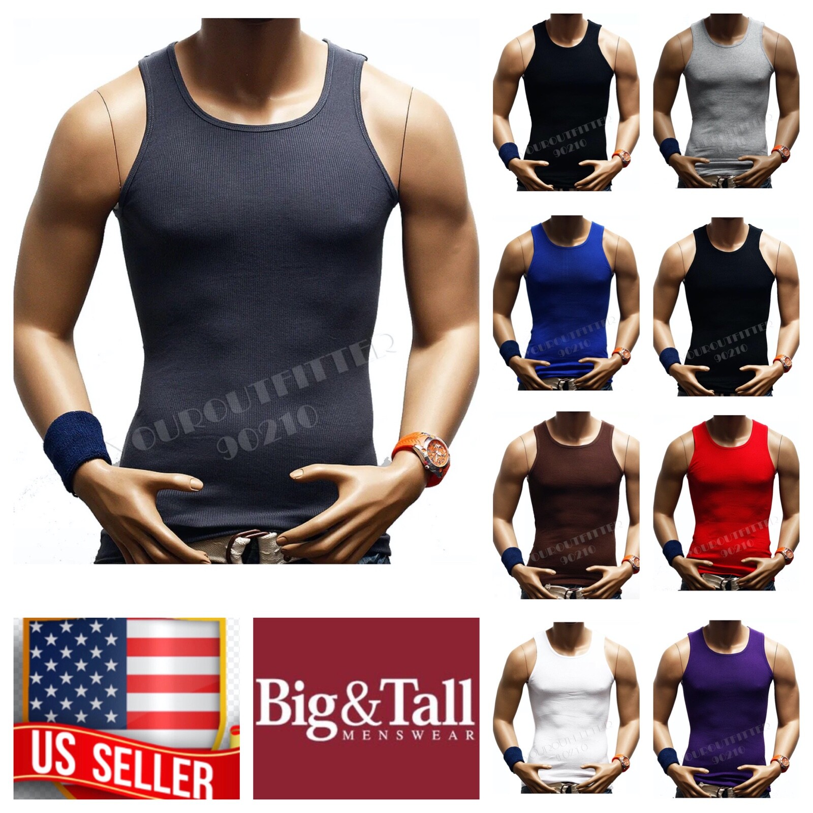 Men S-5XL 100% Cotton Tank Top T-Shirt A-Shirt Muscle Ribbed Wife Beater Tee Gym gallery