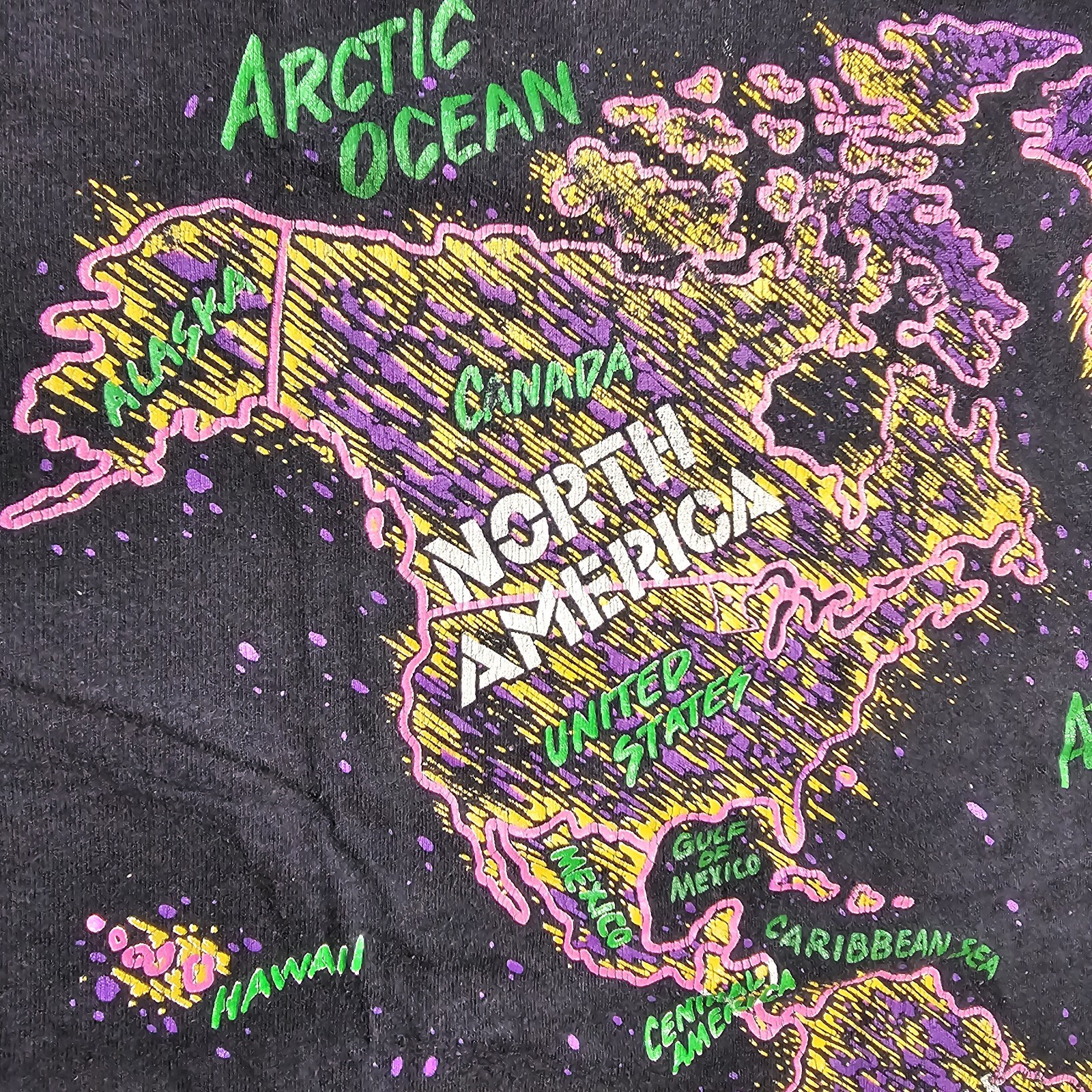 Vintage 90s World Map Camp T-Shirt Mens L Black Double Sided Neon Rave Single S gallery