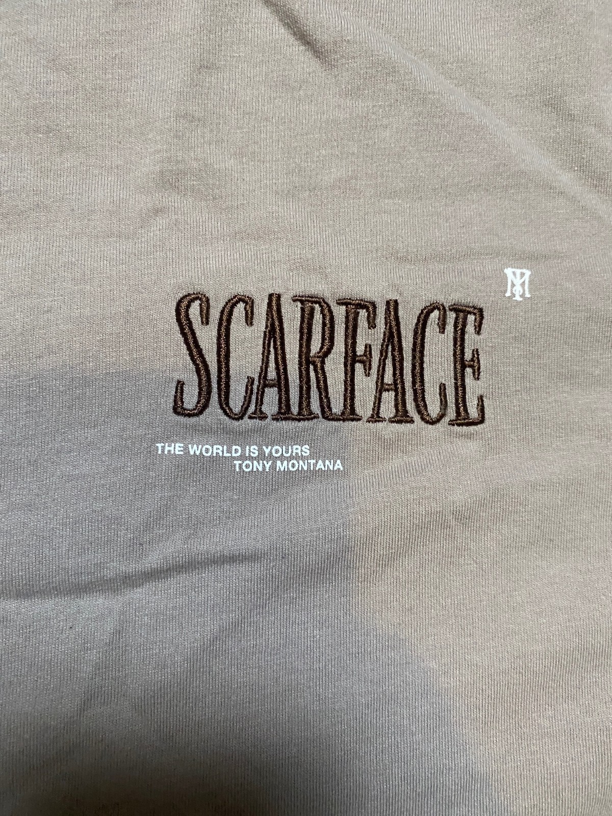 Scarface Shoe Palace X Tony Montana Embroidered Double Sided Beige T Shirt SZ M gallery