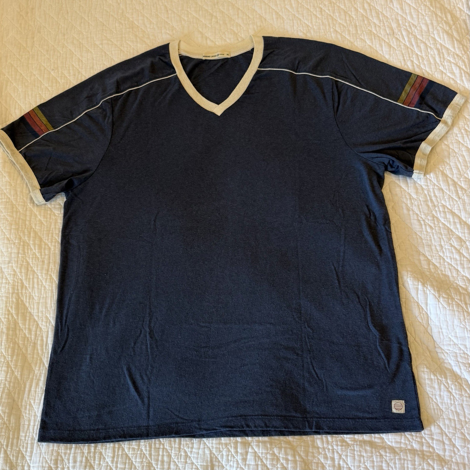 Marine Layer Varsity V-Neck T-shirt in color-way Mood Indigo Size XL Retro Surf