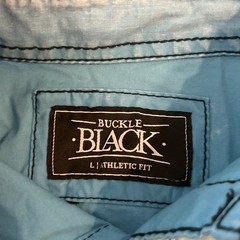 Y2K Buckle Black Button Up Double Sided Graphic Shirt – Mens Large – Blue