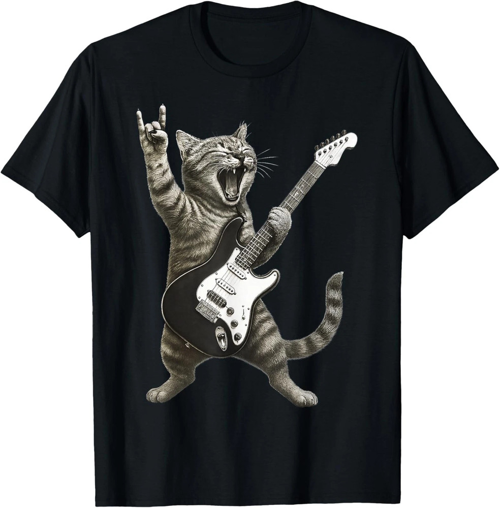 Funny Cat Playing Guitar Rock and Roll Video Games Unisex T-shirt
