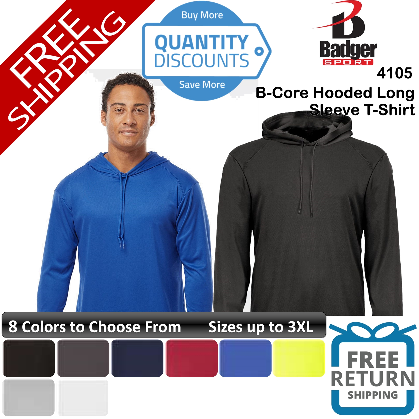 Badger Men B-core Hooded Long Sleeve Sport Antimicrobial T-shirt Up To 3XL 4105