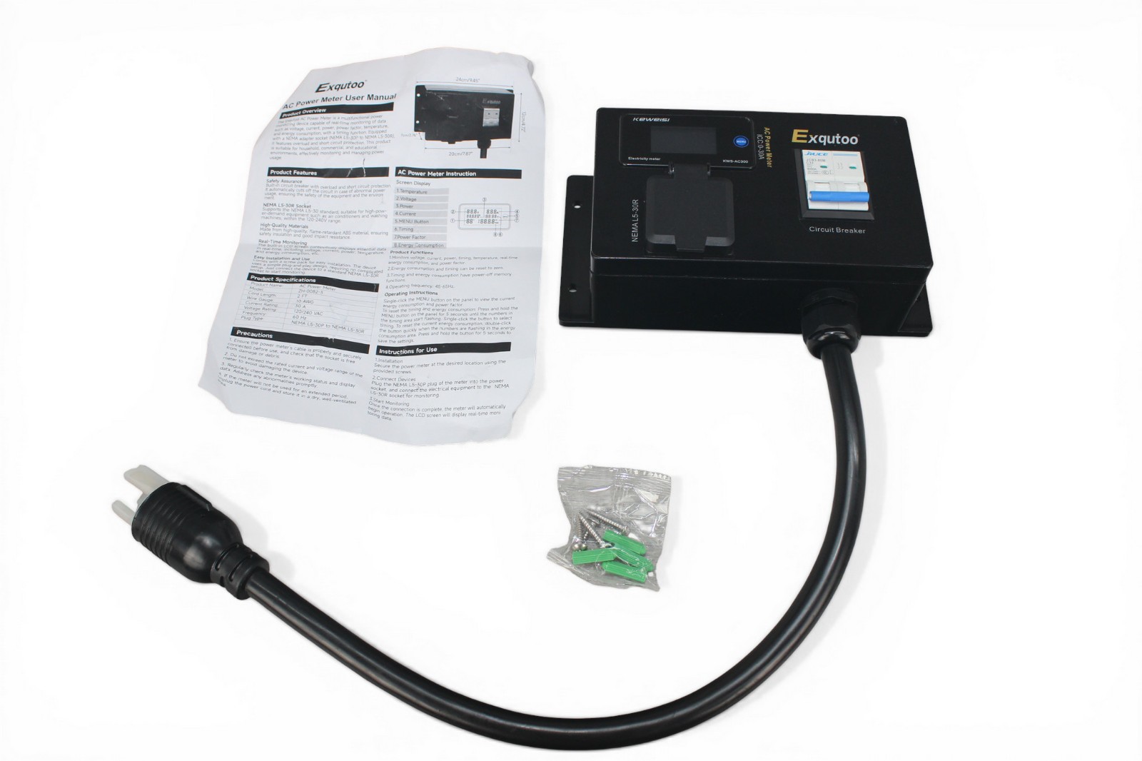 AC Power Meter, 120/240 VAC L6-30P to L6-30R Outlet with Breaker & Voltmeter