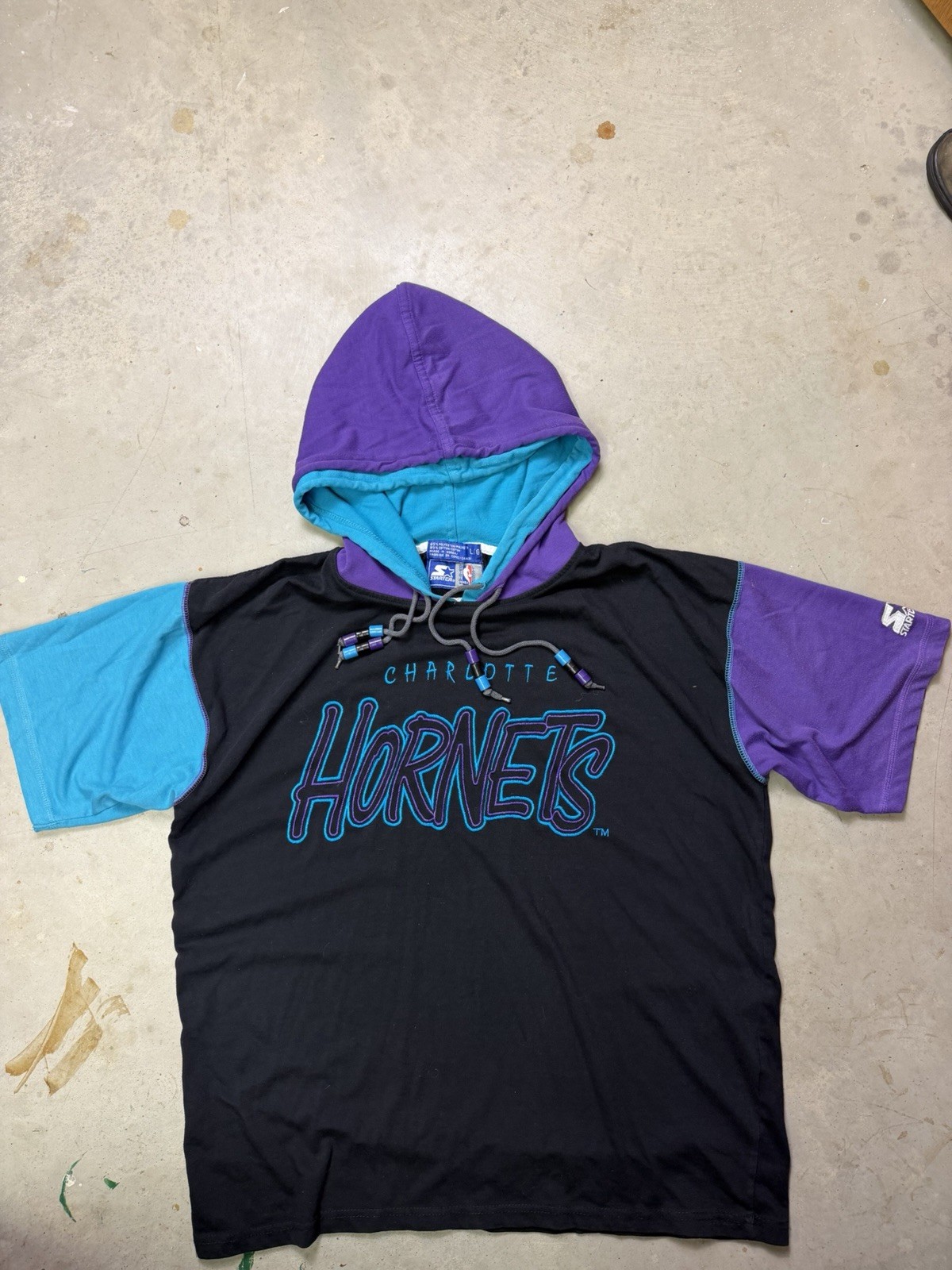 VTG 1990 NBA Charlotte Hornets Double Hood Starter Tee Made In Korea Large gallery