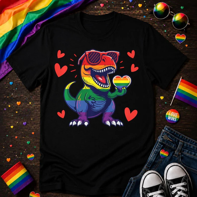 Cute Rainbow Dinosaur Pride Shirt, LGBTQ T Rex Rainbow Heart Tee gallery