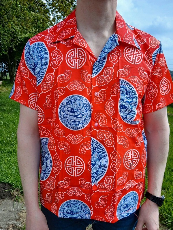 Mens Red Blue Chinese Dragon Hawaiian Summer Travel T Shirt Short Sleeve Size XL gallery