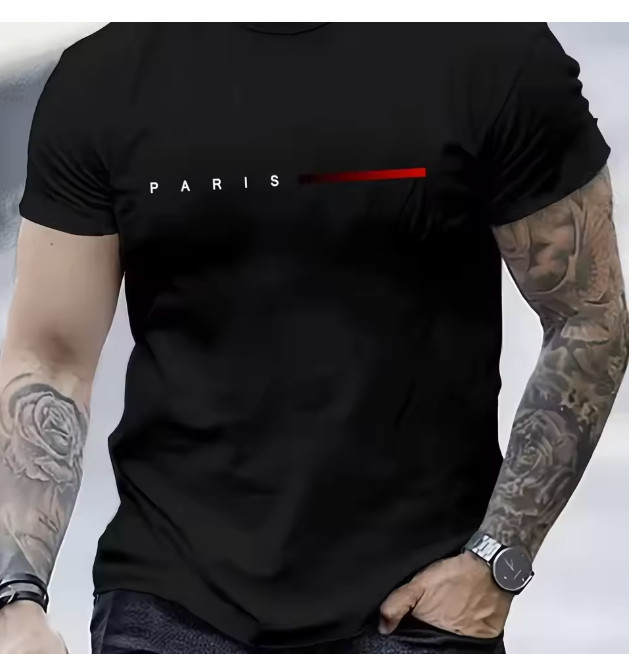 Men’s 100% Cotton Summer Loose PARIS Creative Letter Print Casual Slim Fit Round