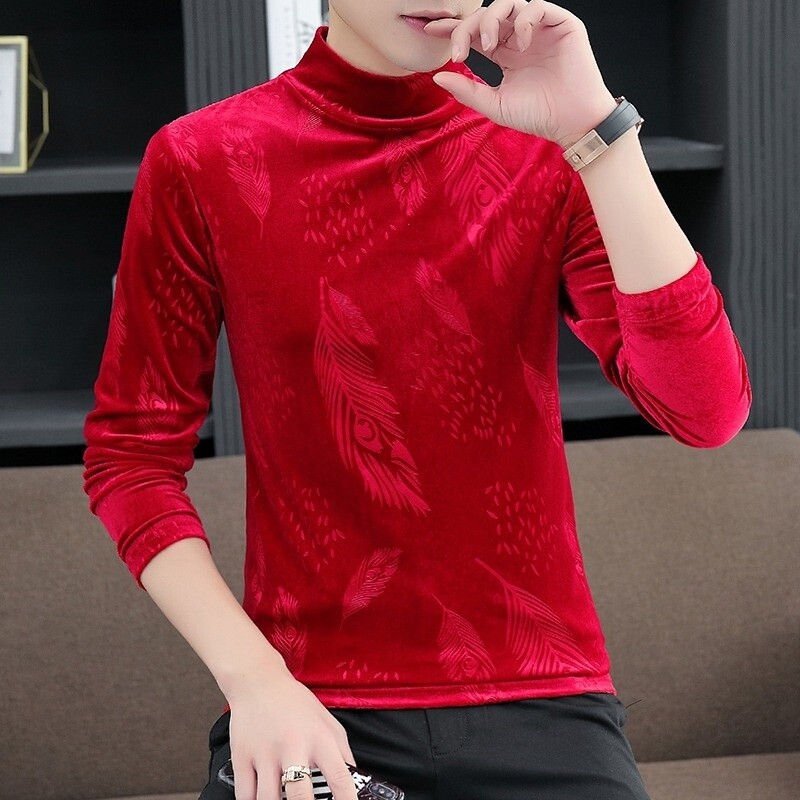 Men Velvet Shirts Tops Blouse Basic T-shirts Casual Slim Turtle Neck